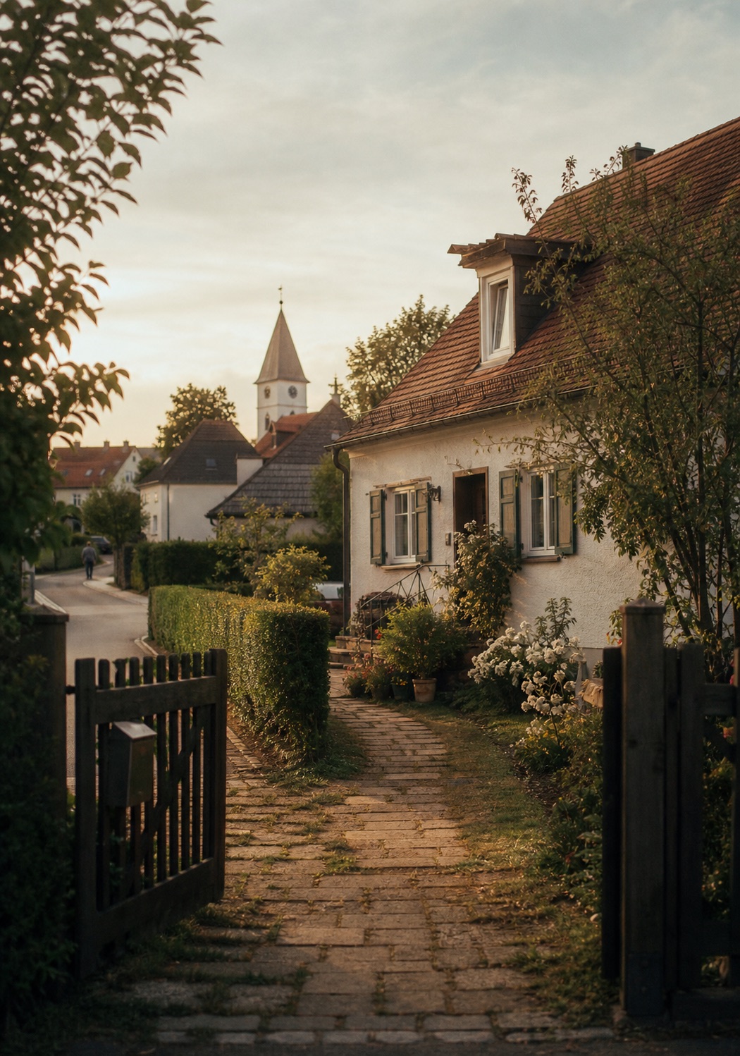 Ein offenes Gartentor und ein Weg ins Dorf im Abendlicht — ankommen und anfangen
