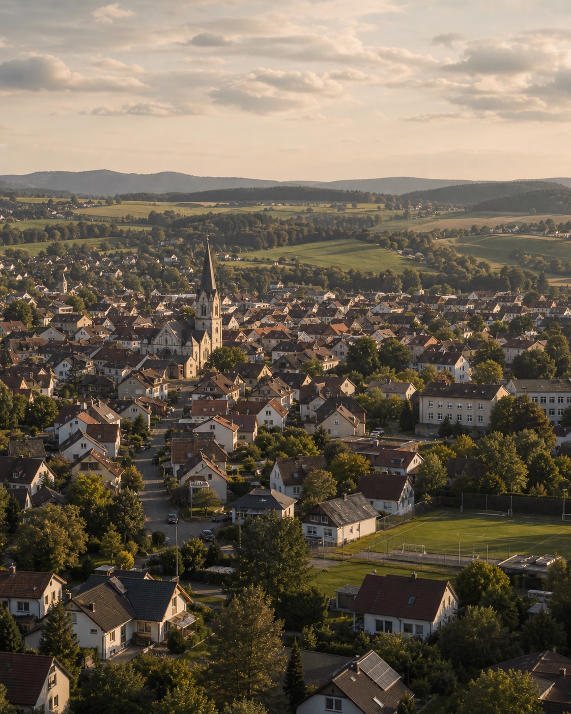Blick von oben über eine ganze deutsche Kleinstadt: viele Dächer, Kirchturm, Wohnstraßen, Sportplatz und grünes Umland — der Ort als Ganzes, nicht nur eine Wohnung