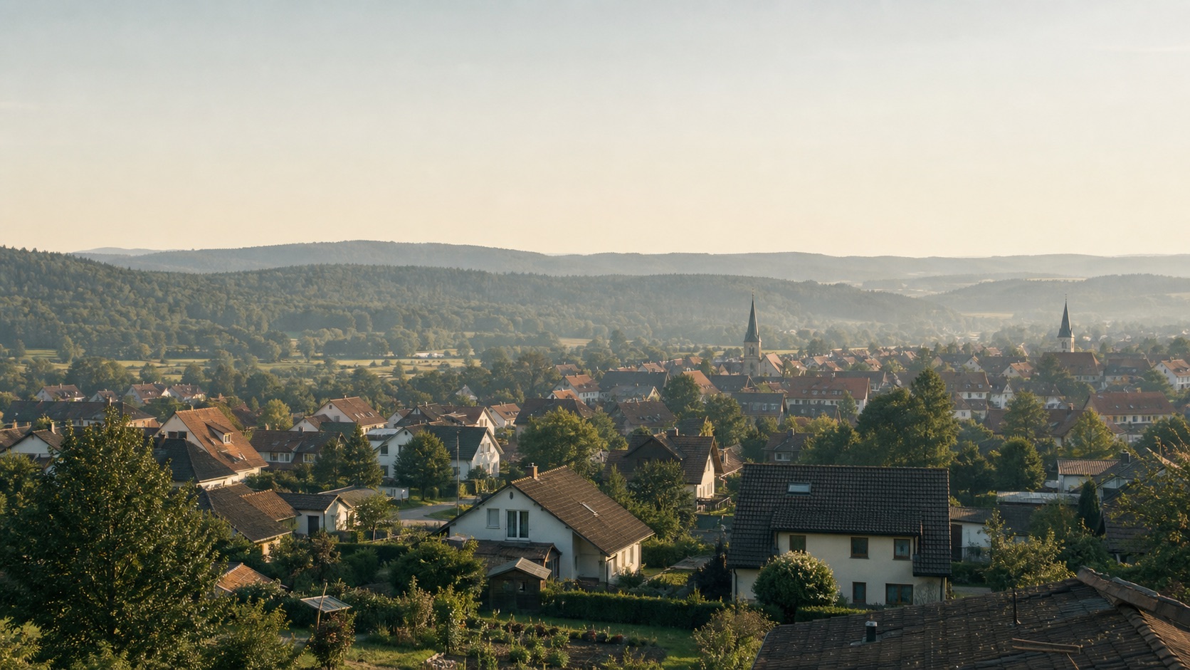 Ruhiger Blick über die Dächer einer typischen deutschen Kleinstadt im Morgenlicht