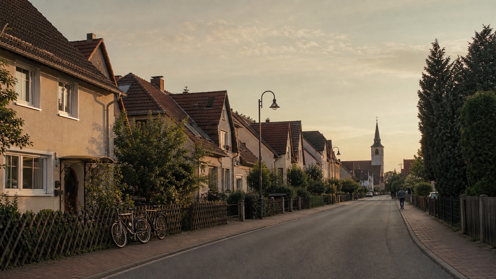 Ruhige Wohnstraße in einer kleinen deutschen Stadt im warmen Nachmittagslicht