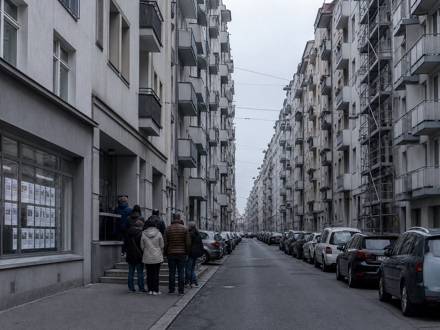 Enge, teure Großstadtstraße mit Wartenden vor einer Wohnungsbesichtigung — der Ausgangspunkt vor dem Umzug
