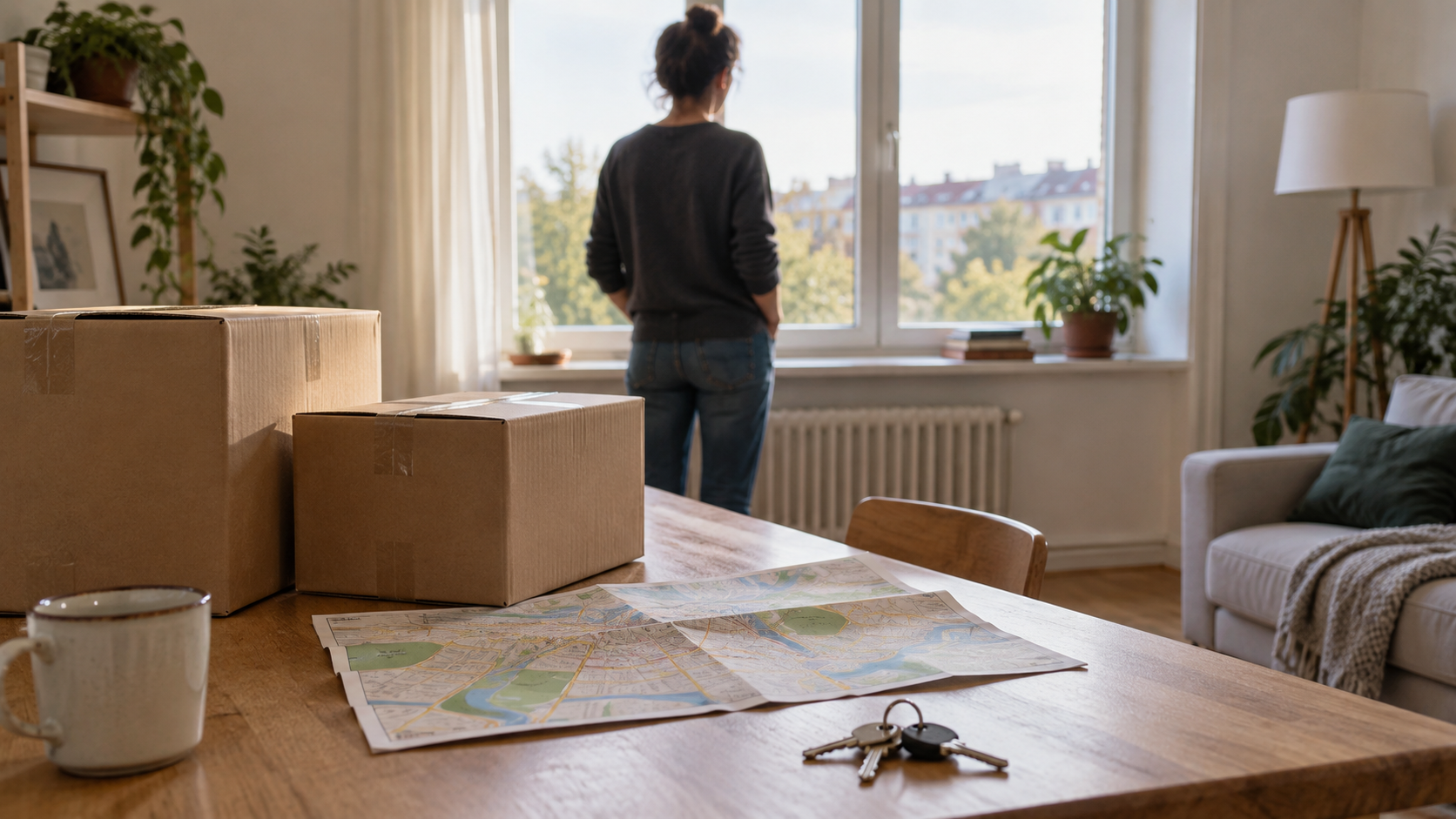 Umzugskartons und Schlüssel in einer Wohnung, während eine Person am Fenster steht