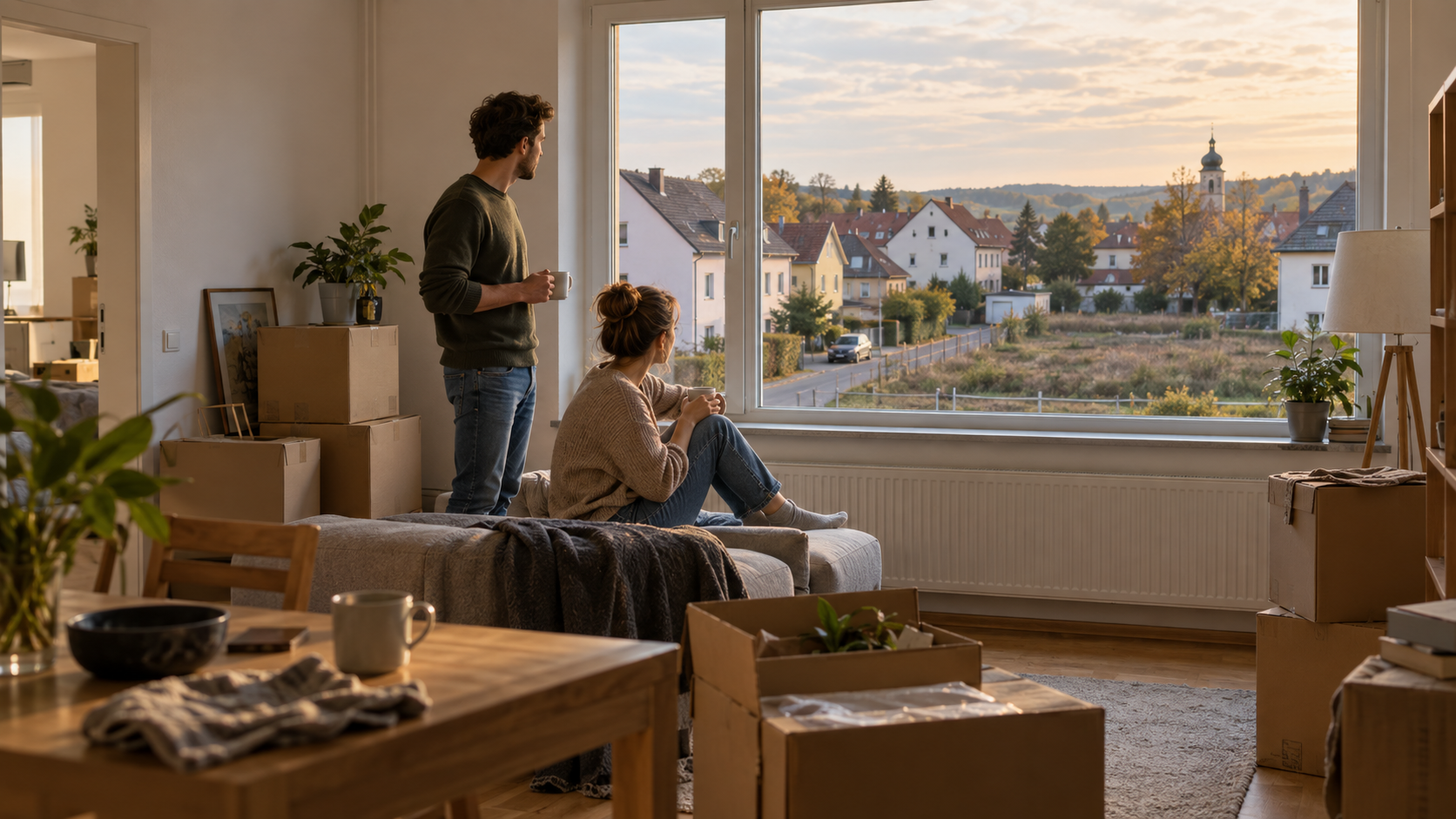 Paar in einer frisch bezogenen Mietwohnung blickt auf den neuen Ort und ein unbebautes Grundstück