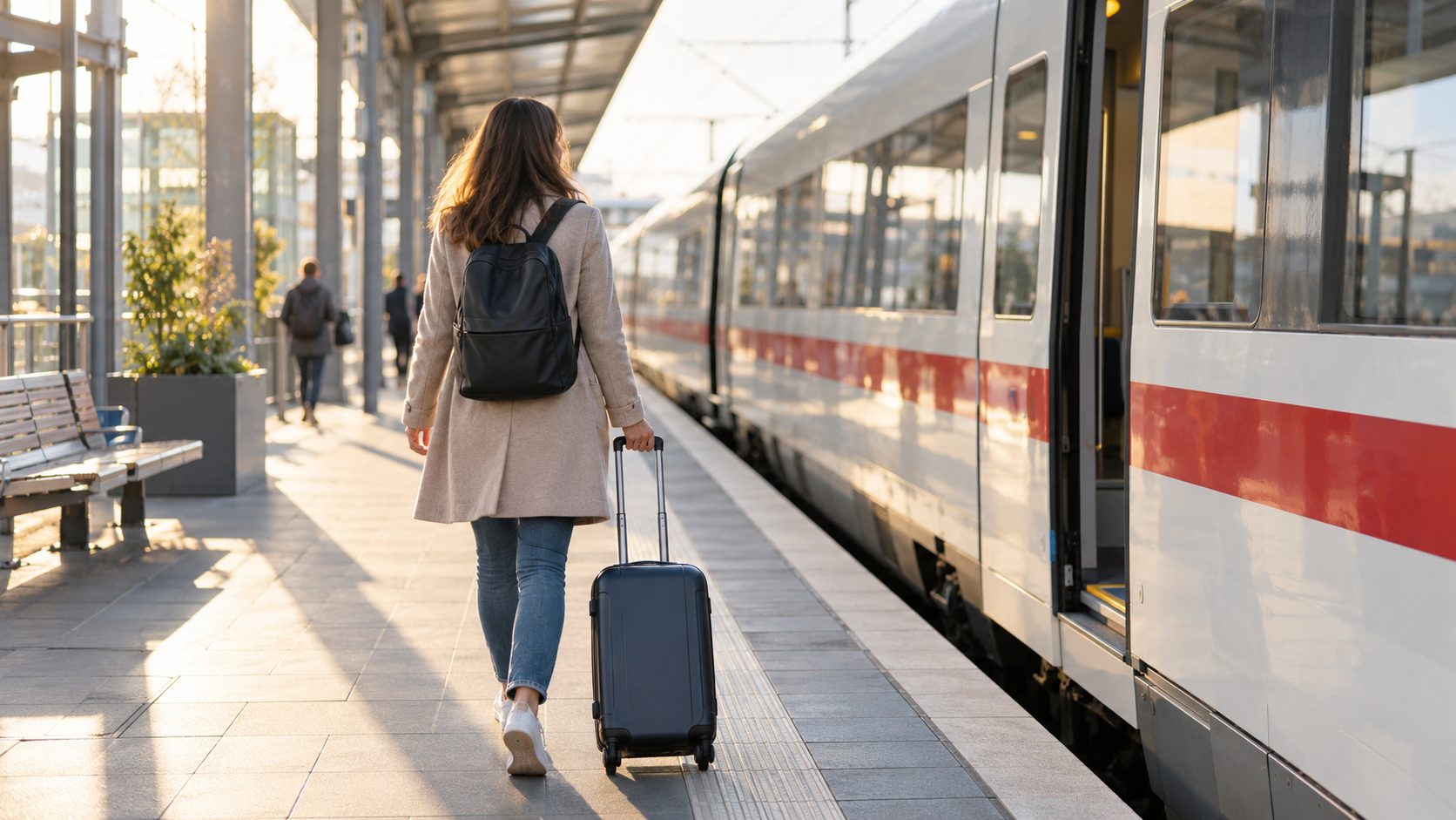 Eine Person mit Reisekoffer auf dem Weg zu einem Fernzug