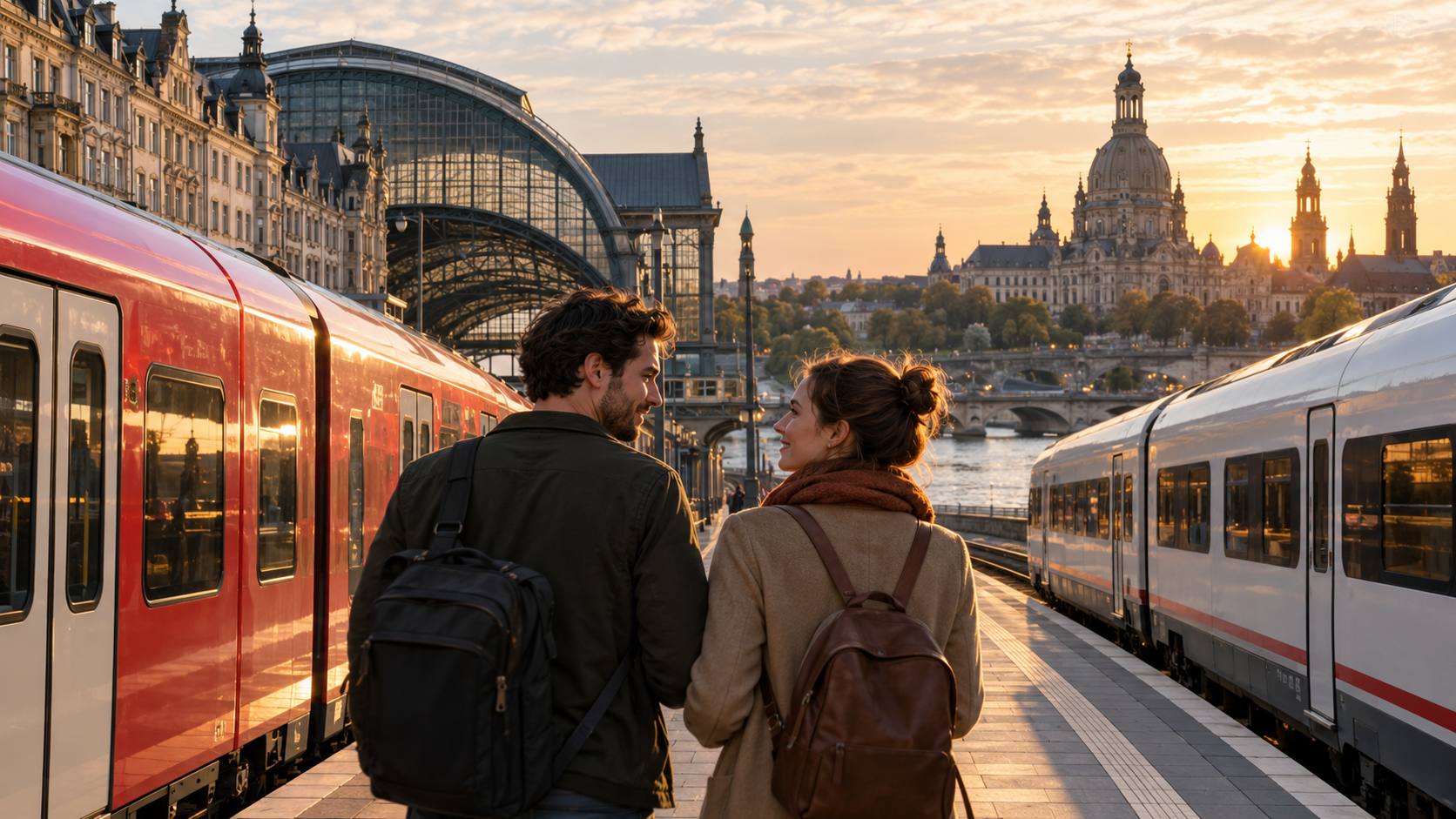 Ein junges Paar steht auf einem Bahnsteig zwischen zwei Zügen; hinter ihnen links Gründerzeithäuser, rechts eine barocke Kuppel am Fluss
