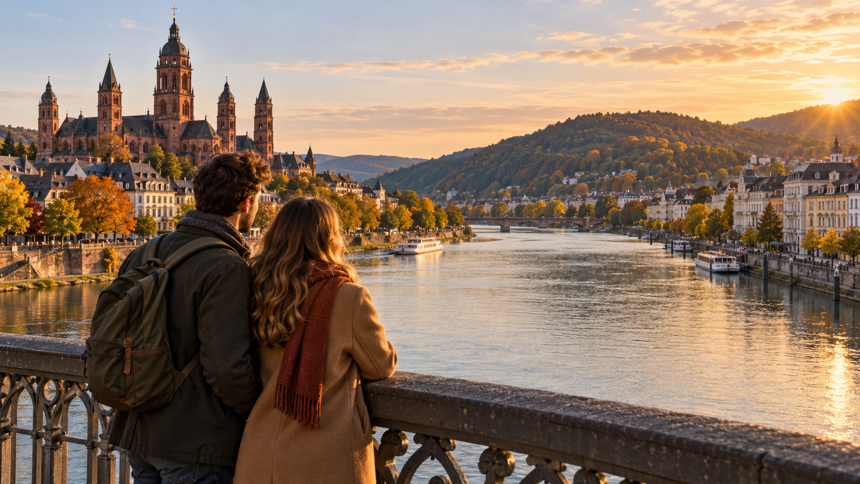 Ein junges Paar lehnt am Geländer einer Rheinbrücke; links ein roter Sandsteindom, rechts helle Fassaden vor bewaldeten Hügeln