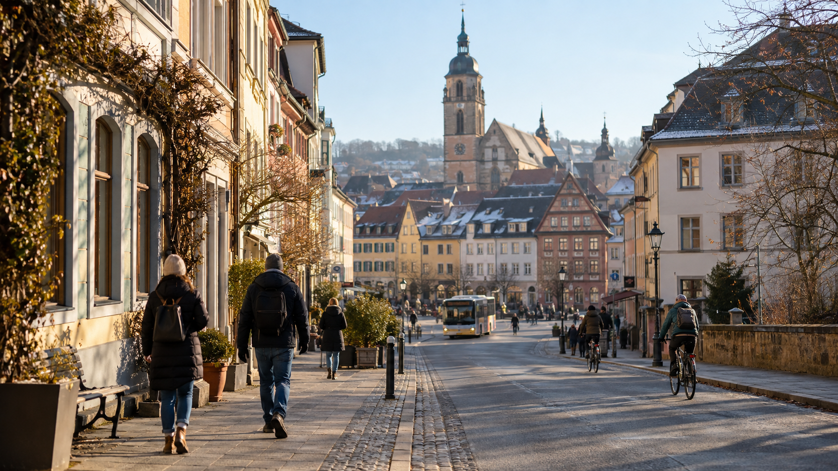 Eine sonnige deutsche Stadtstraße an einem klaren Wintermorgen mit trockener Fahrbahn, Fußgängern, Fahrrädern und einem Bus