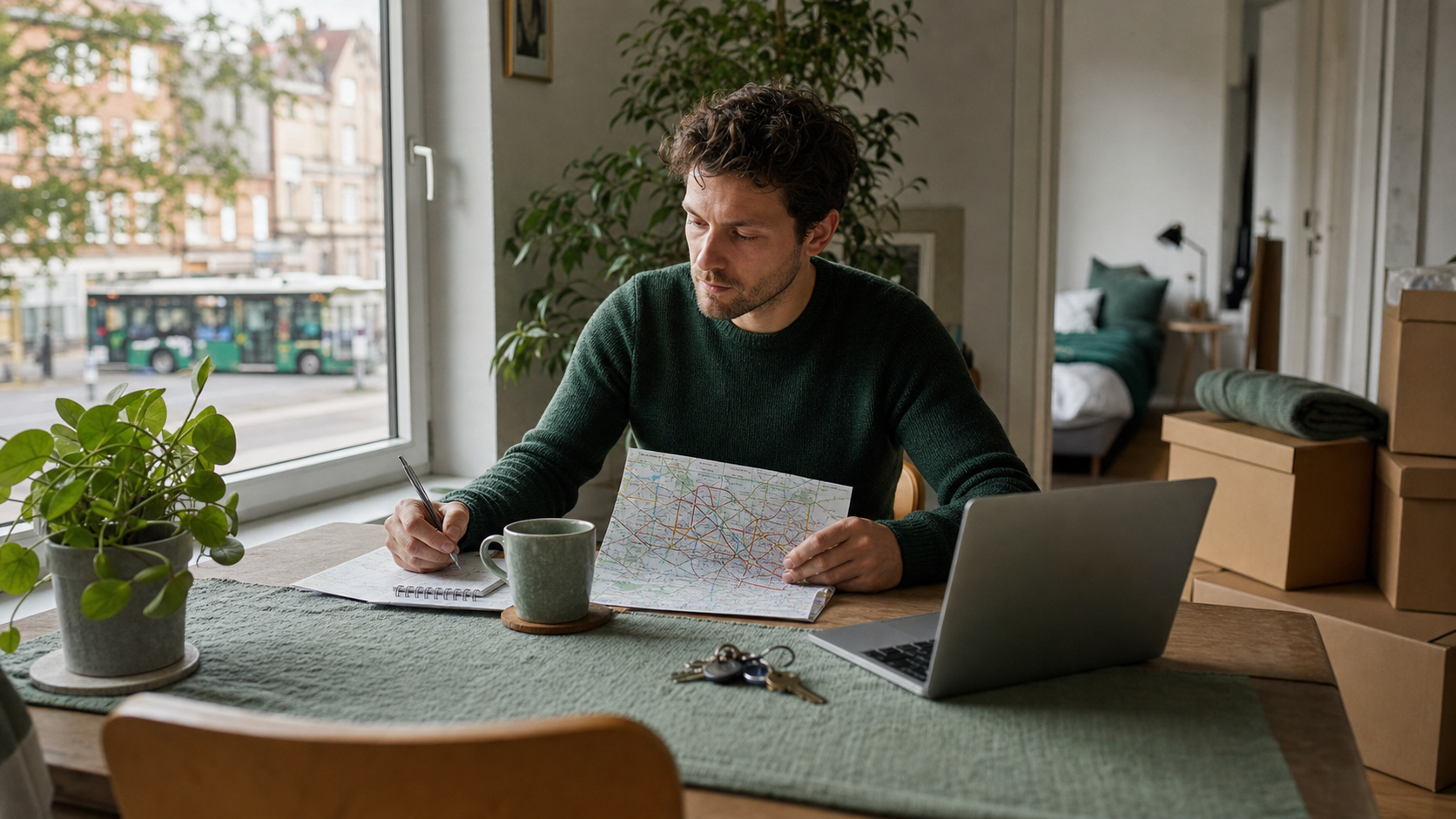 Alleinlebender Mann vergleicht in einer kleinen Wohnung Stadtplan, Haushaltsbudget und mögliche Wohnorte