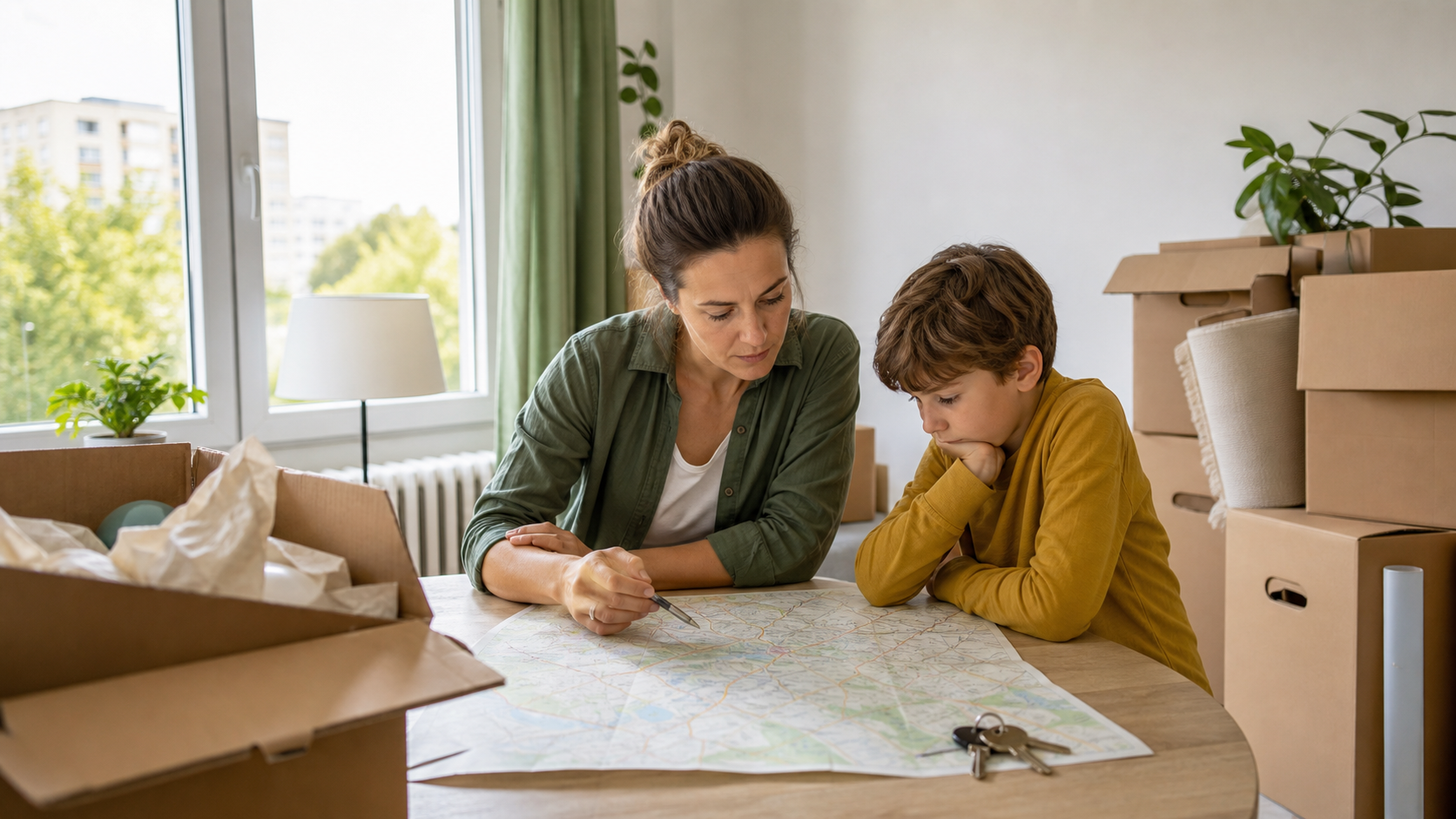Alleinerziehender Elternteil und Kind packen gemeinsam Umzugskartons
