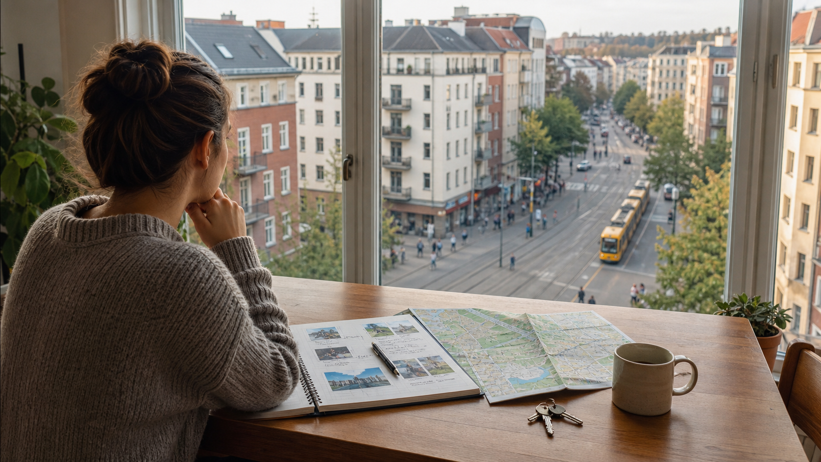 Mieterin vergleicht an einem Tisch mögliche Wohnorte mit Blick auf eine deutsche Stadt und eine Straßenbahn