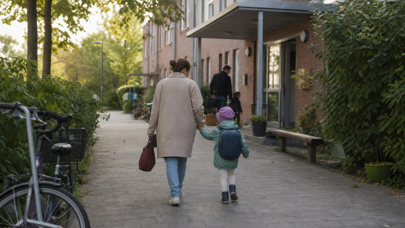 Mutter und Kind auf dem morgendlichen Weg zu einer Kindertagesstätte