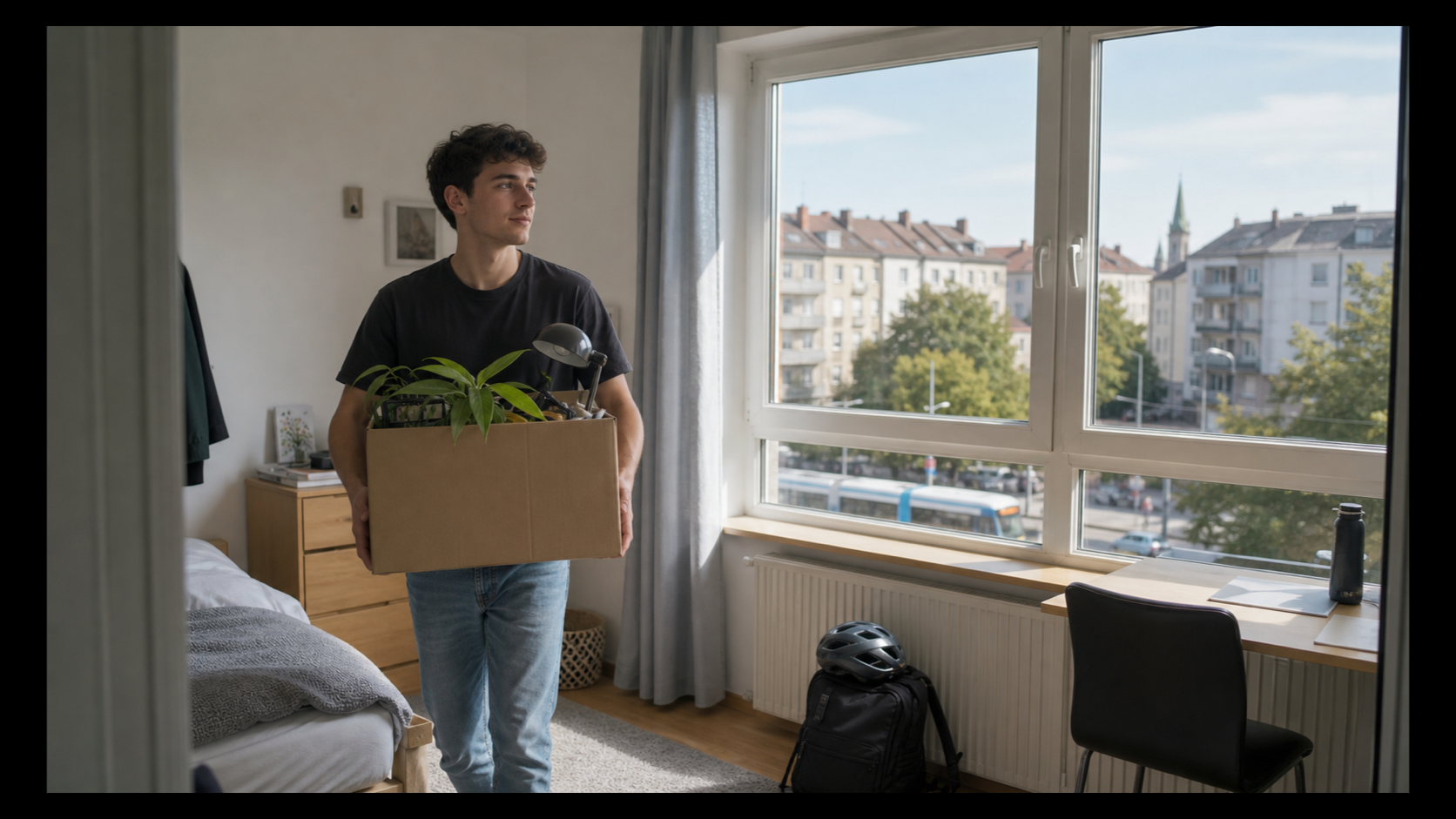 Eine Studentin trägt einen Umzugskarton in ein helles WG-Zimmer mit Fahrrad und Stadtbahn vor dem Fenster