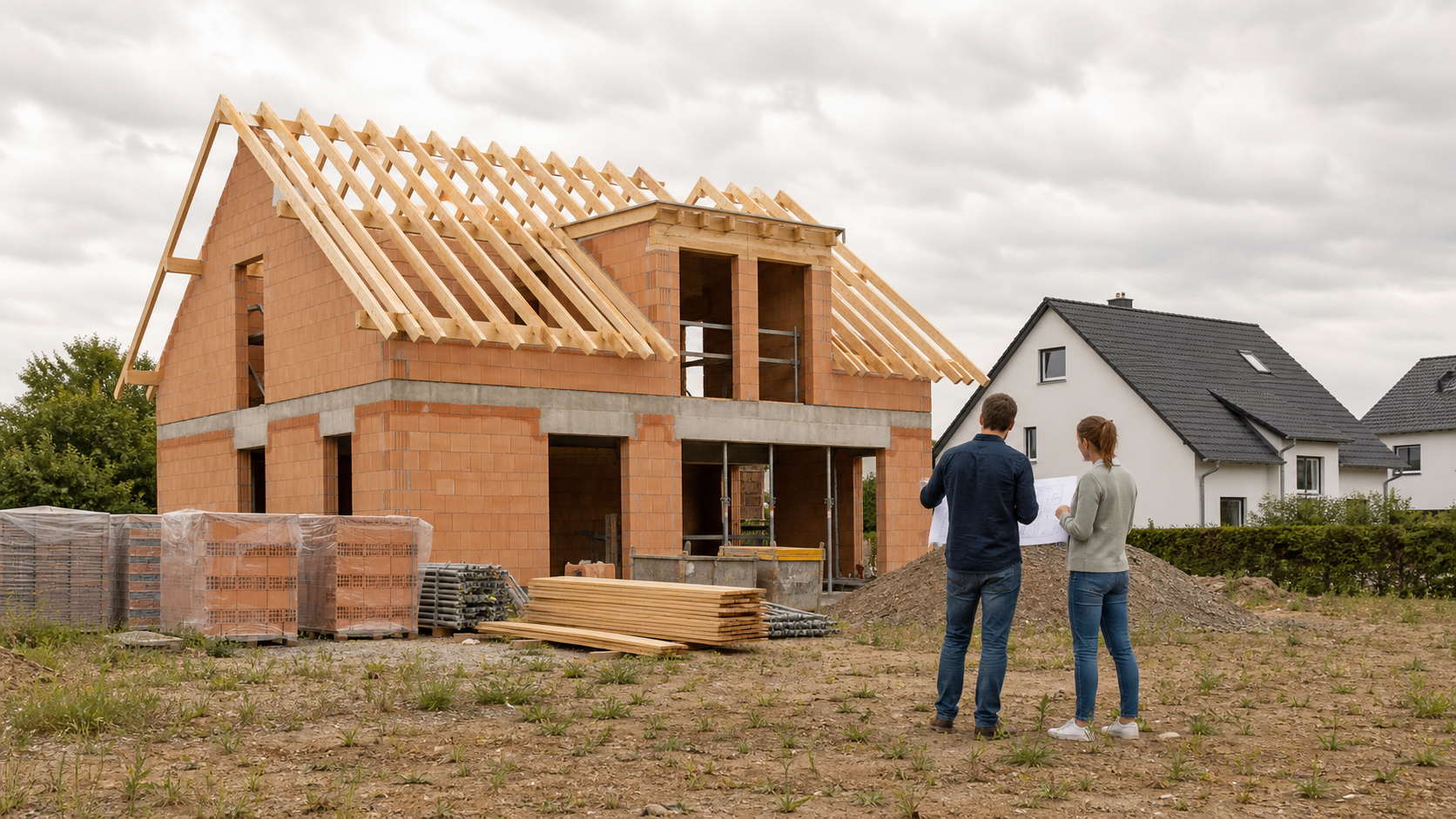 Paar mit Bauplan vor dem Rohbau eines Hauses