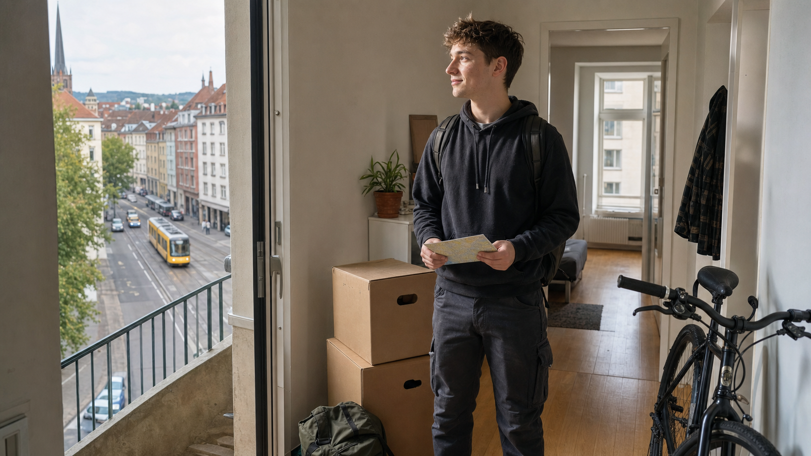 Junger Auszubildender steht mit Umzugskartons und Fahrrad in seiner neuen Wohnung
