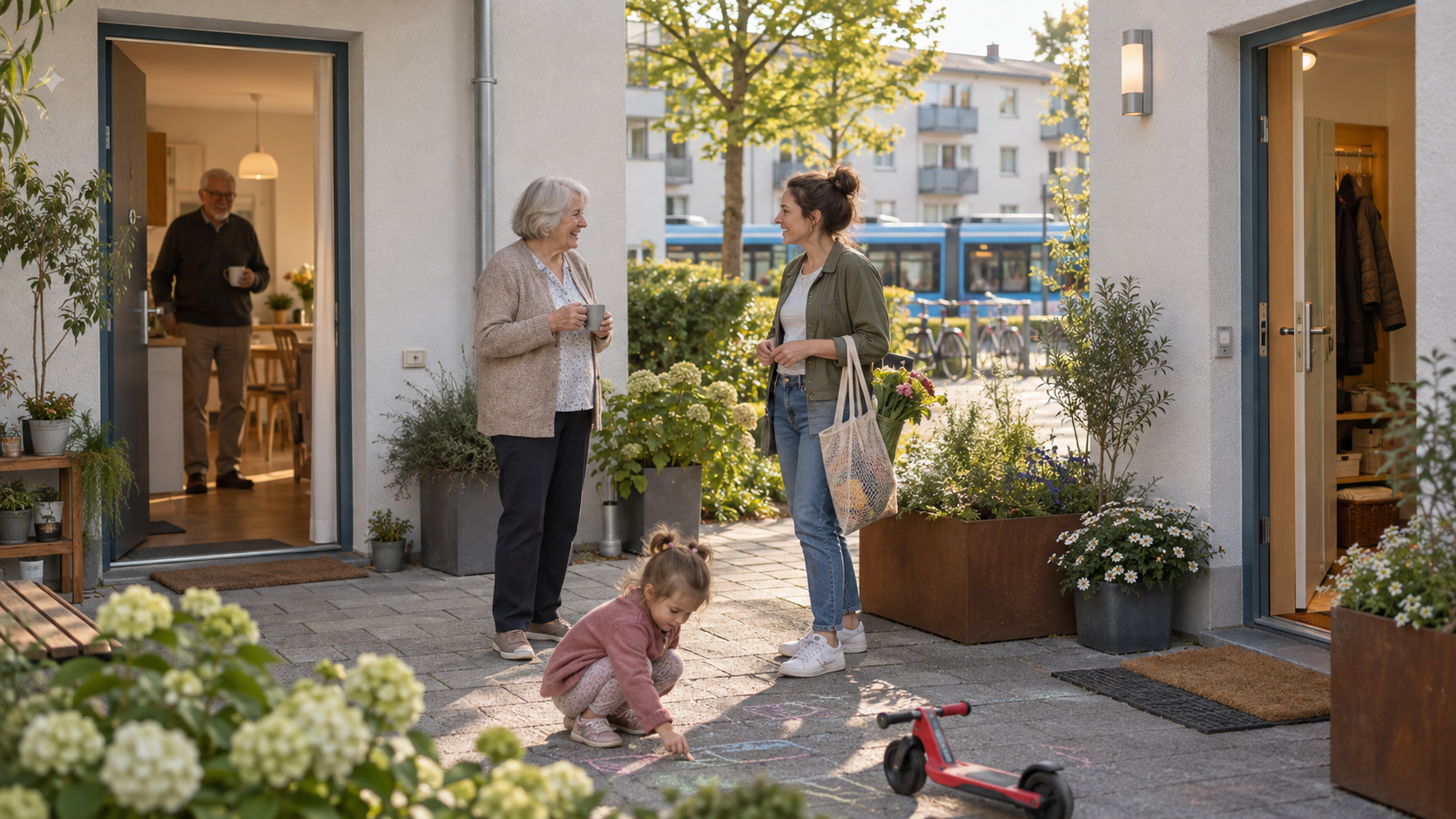 Großeltern, Mutter und Kind zwischen zwei getrennten Wohnungen an einem gemeinsamen Innenhof