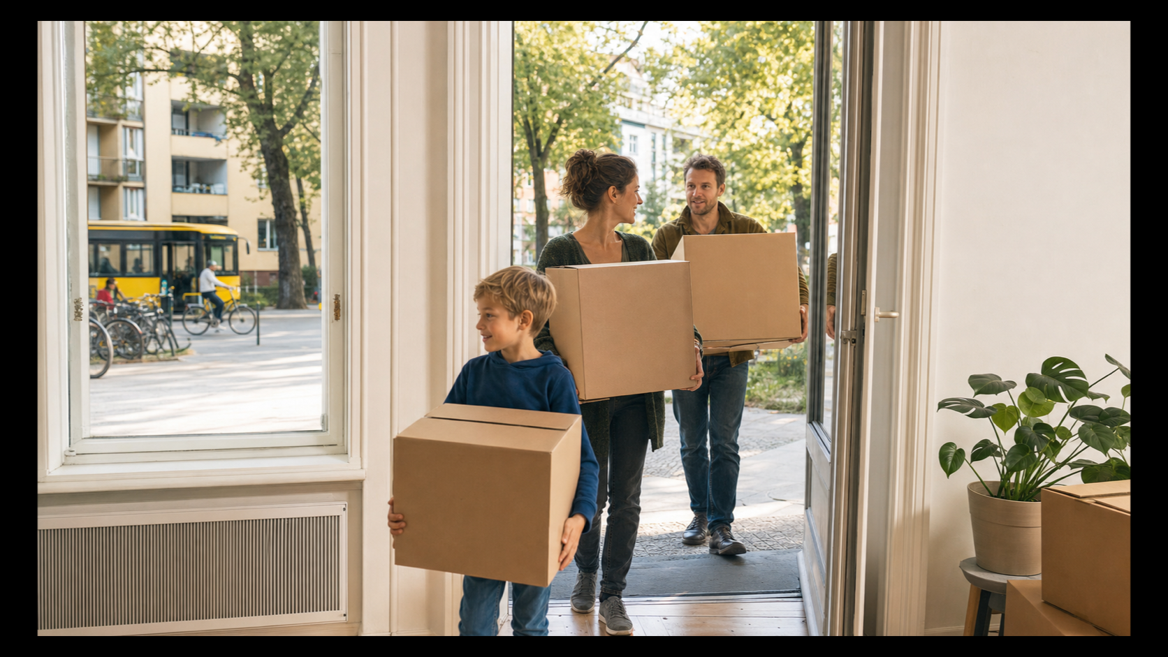 Eine Familie trägt Umzugskartons in ein helles neues Zuhause in einer kleineren Stadt