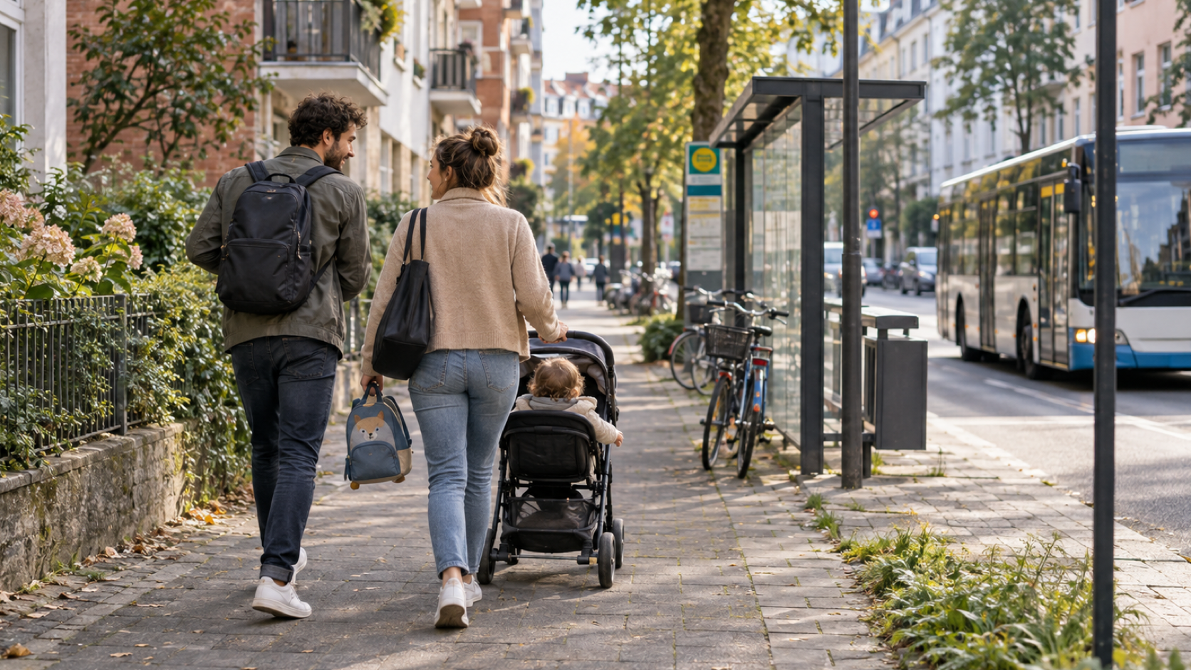 Eine junge Familie mit Kleinkind und Kinderwagen geht in einem deutschen Stadtviertel zu einer Bushaltestelle