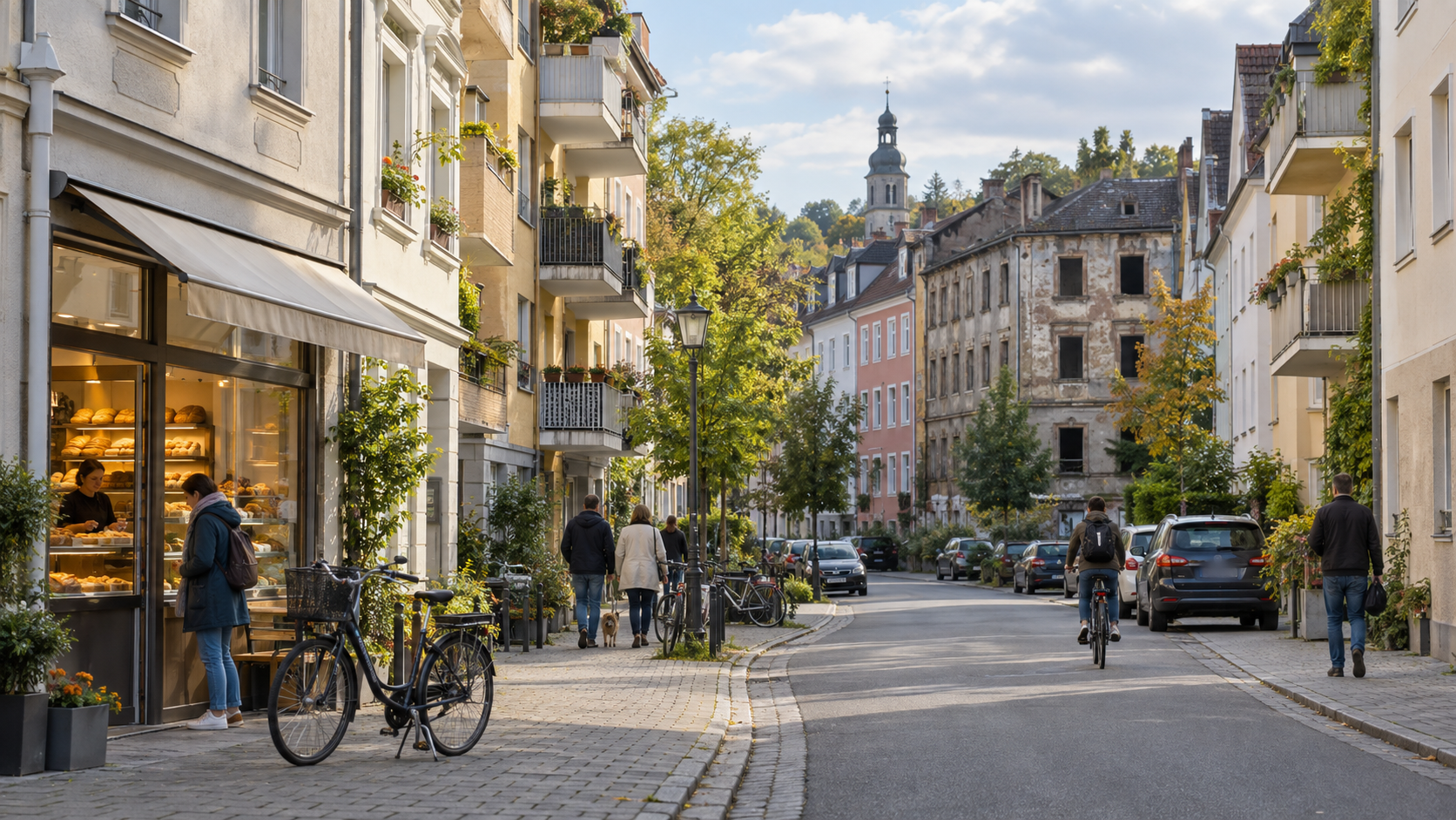 Belebte Straße in einer kleineren deutschen Stadt mit Wohnungen, Bäckerei, Fahrrädern und einem leerstehenden Haus im Hintergrund