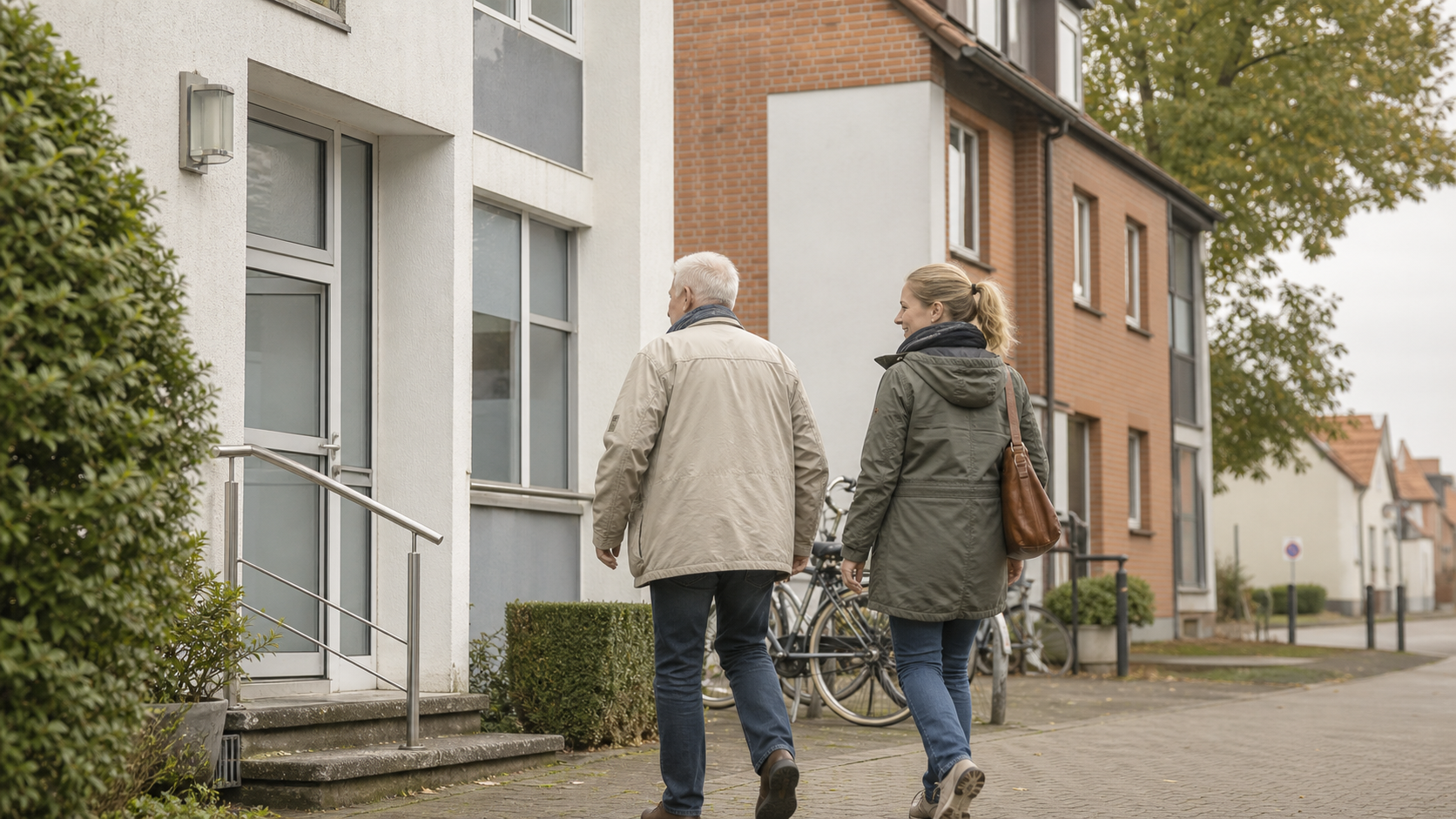 Zwei Menschen auf dem Weg zu einer Hausarztpraxis in einer niedersächsischen Kleinstadt