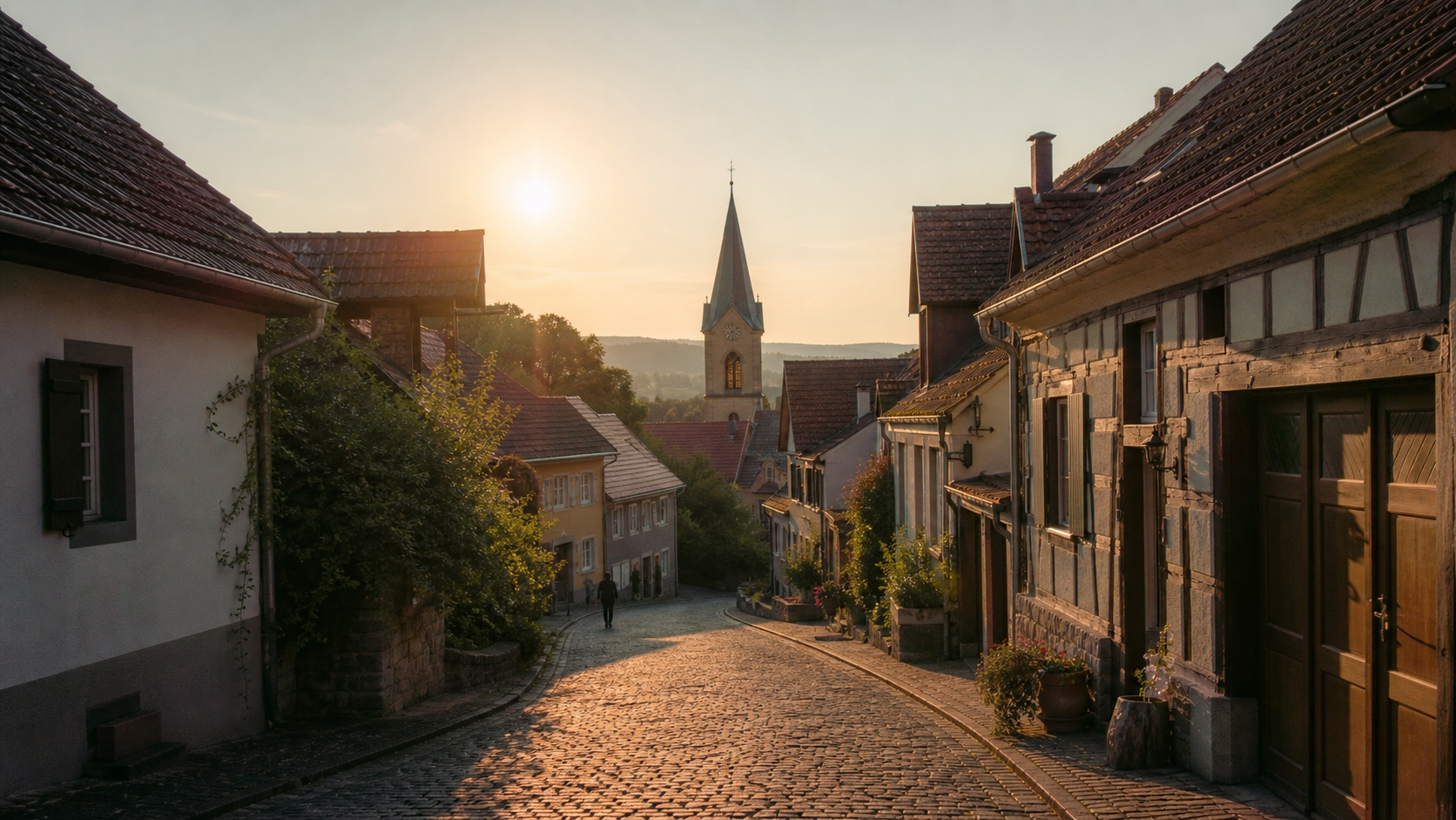 Aufgeheizte Wohnstraße in der Abendsonne als Symbol für Hitze am Wohnort