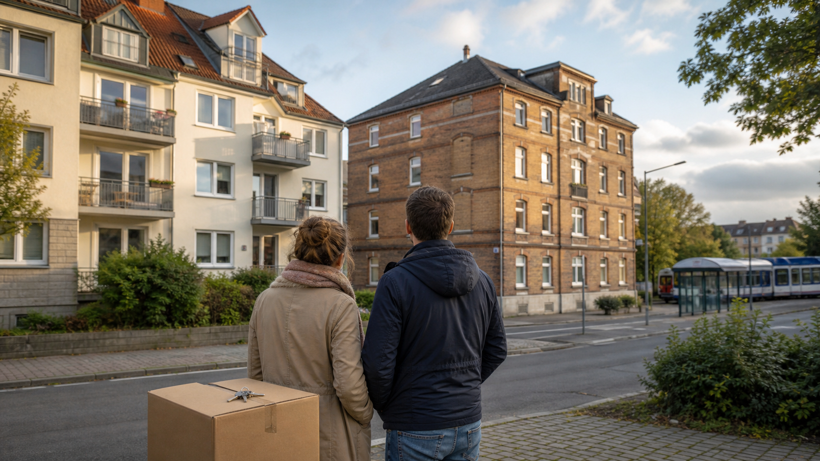 Ein Paar mit Umzugskarton und Schlüsseln betrachtet zwei Mehrfamilienhäuser in einer deutschen Regionalstadt