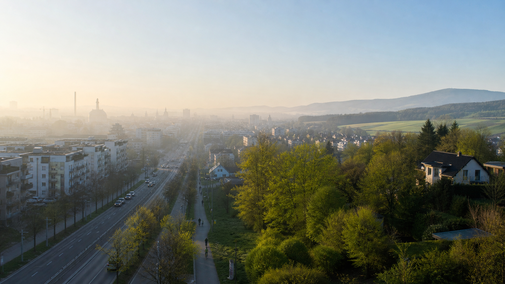 Deutsche Stadt zwischen verkehrsnaher Dunstlage und grünem Wohnrand mit klarer Luft