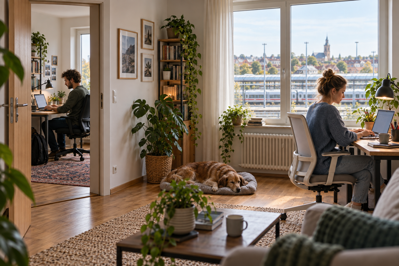 Eine Frau arbeitet im Wohnzimmer, ein Mann in einem separaten Arbeitszimmer; vor dem Fenster liegt ein Bahnhof