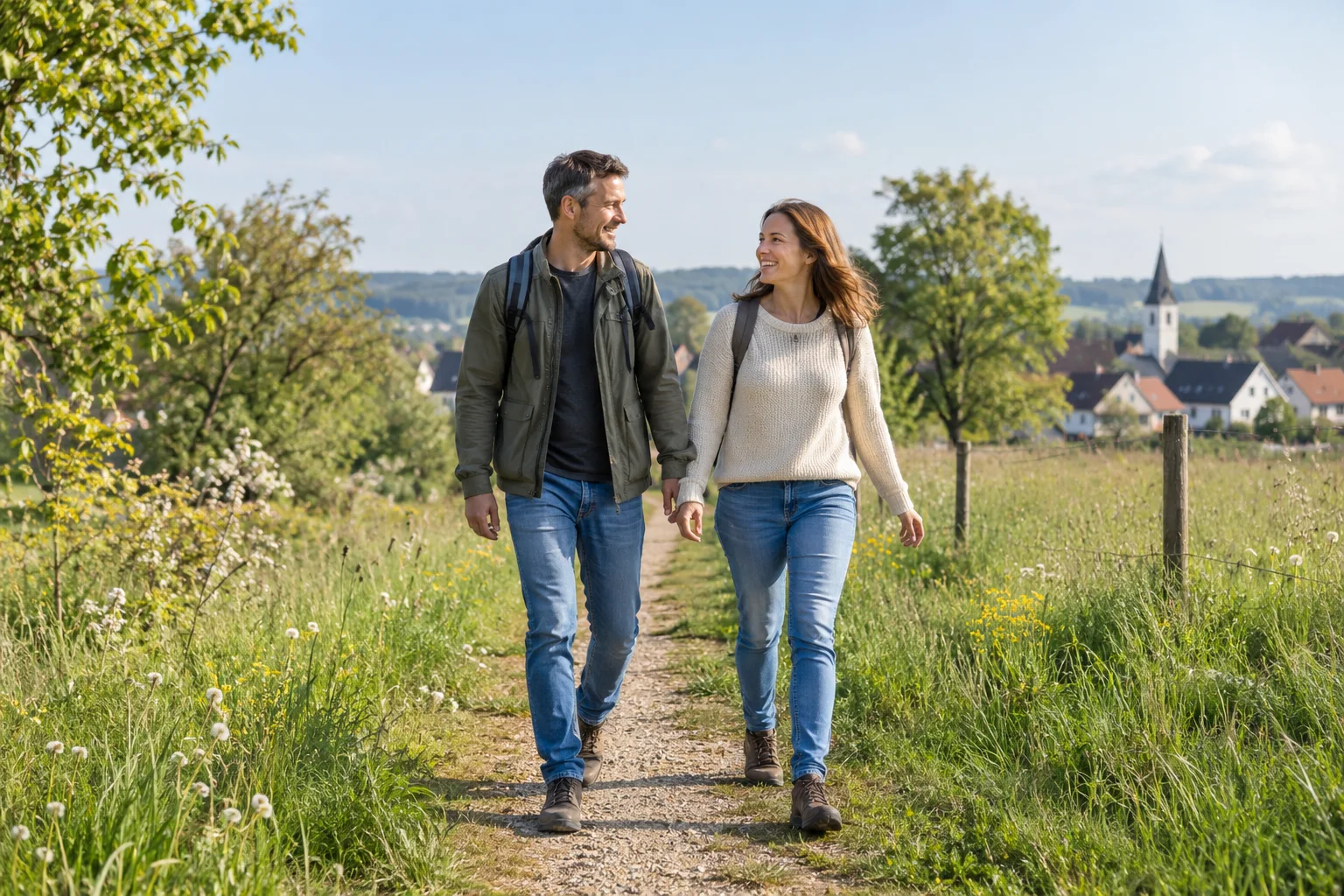Generiertes Motiv: Spaziergang auf einem grünen Wiesenweg am Ortsrand