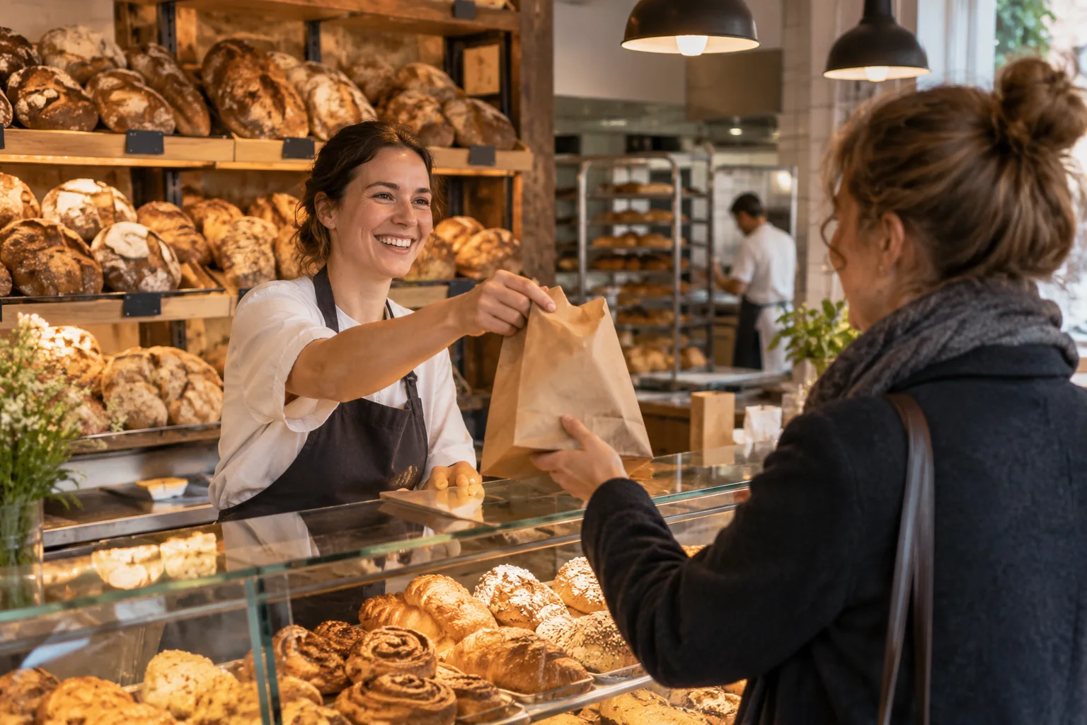 Generiertes Motiv: Bäckereialltag mit einer Verkäuferin und einer Kundin