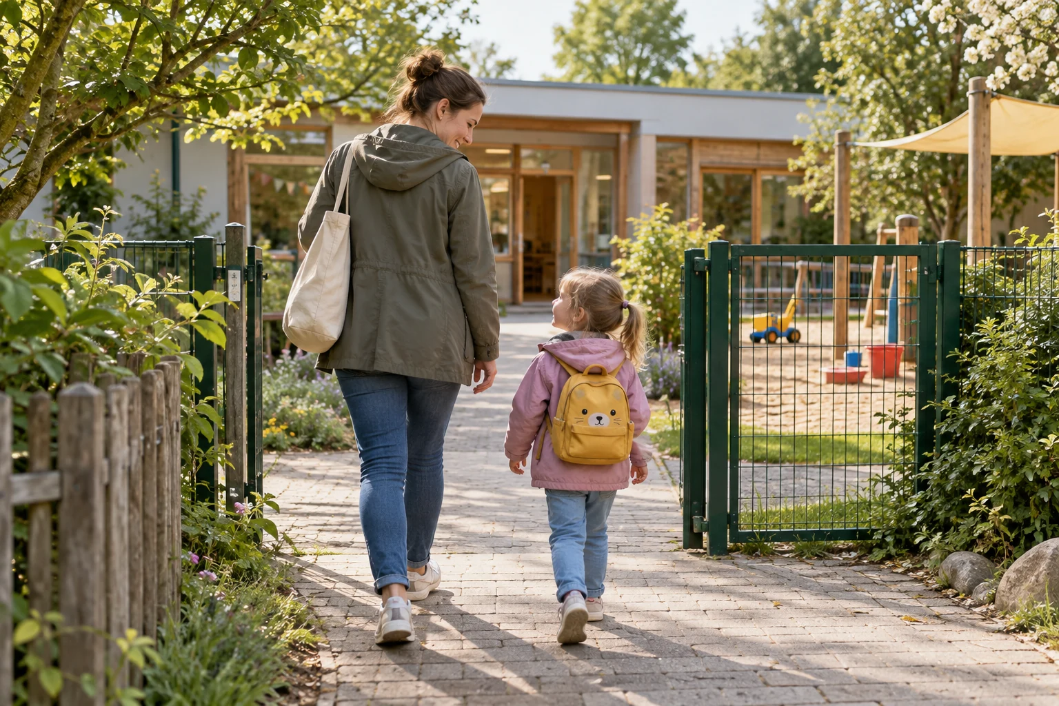 Generiertes Motiv: Eltern bringen ein kleines Kind zu einer Betreuungseinrichtung