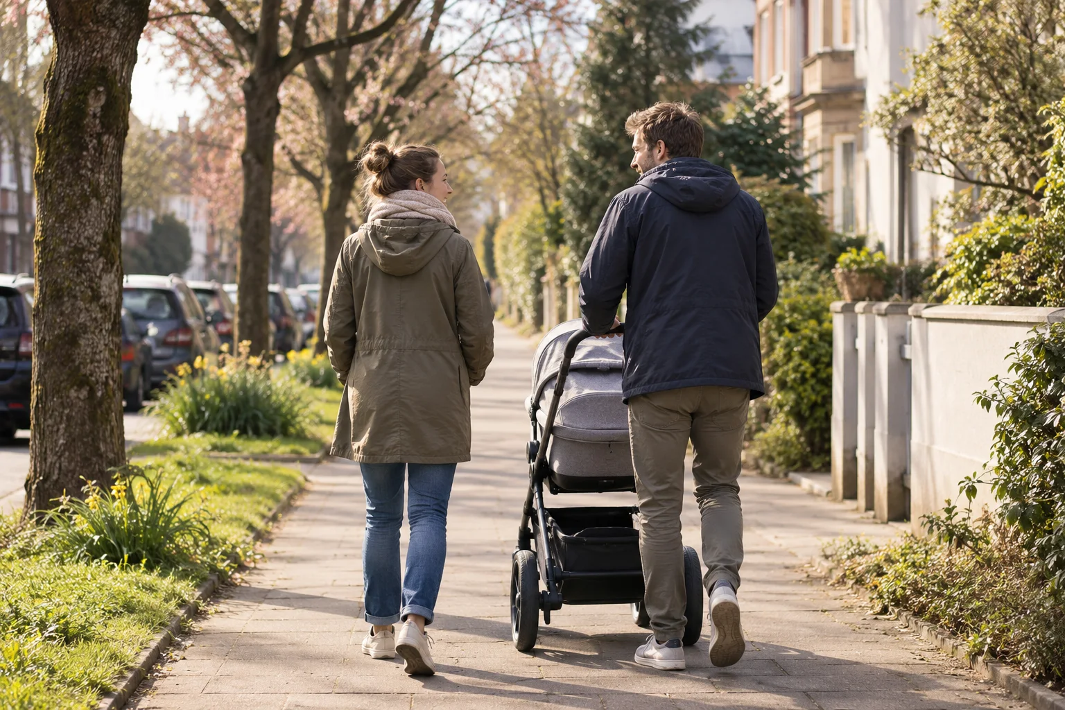 Generiertes Motiv: Eltern mit Kinderwagen auf einem Weg im Wohnviertel