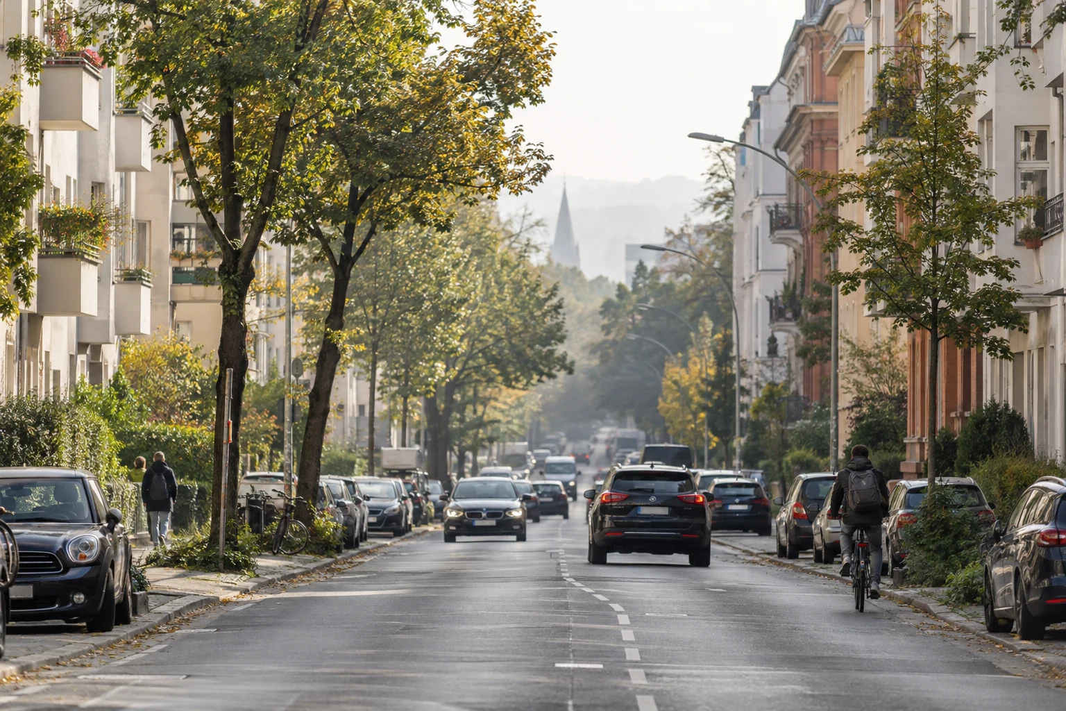 Generiertes Motiv: gewöhnliche Stadtstraße mit Verkehr und leichtem Dunst