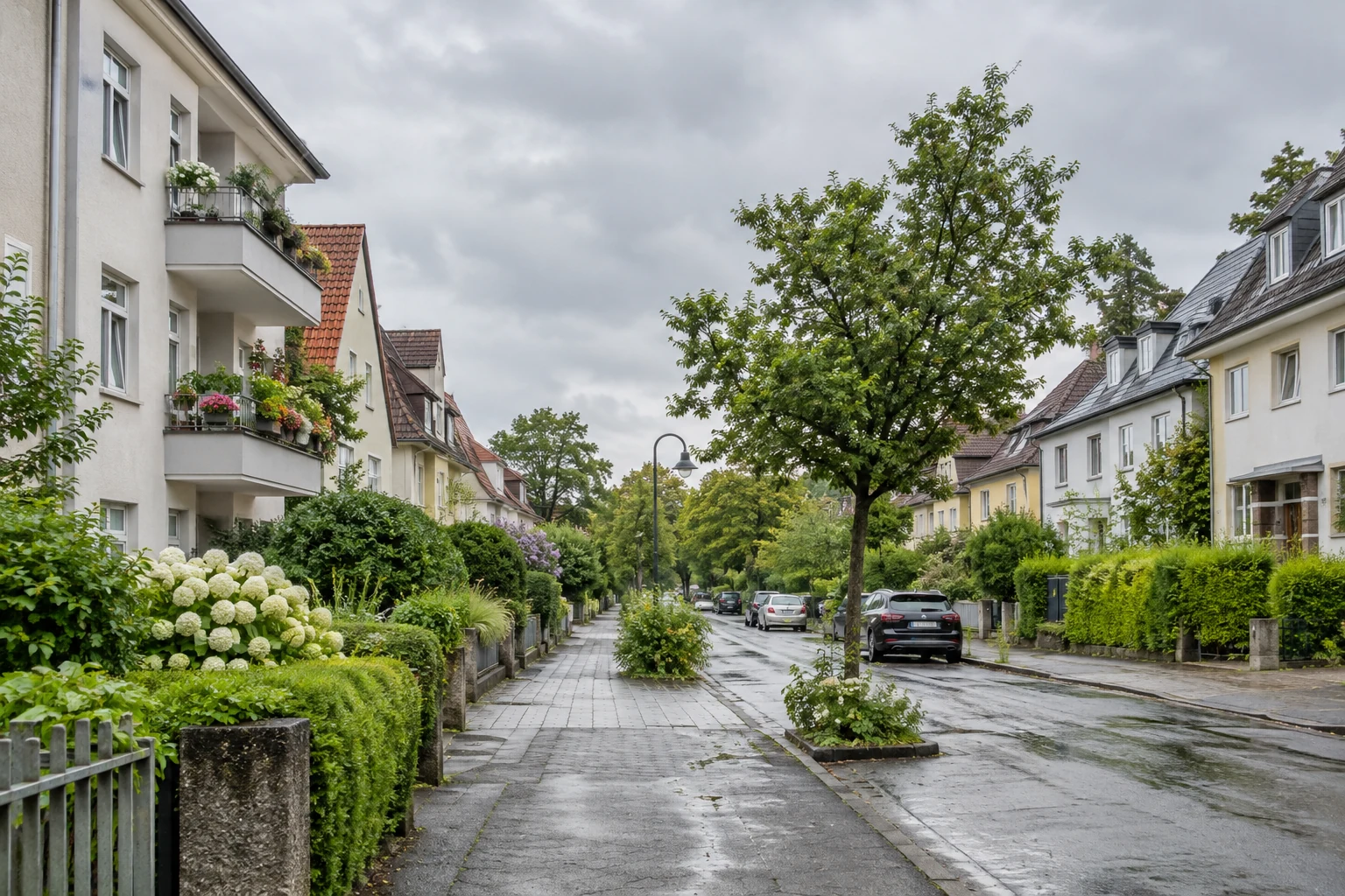 Generiertes Motiv: Wohnstraße unter bedecktem Himmel