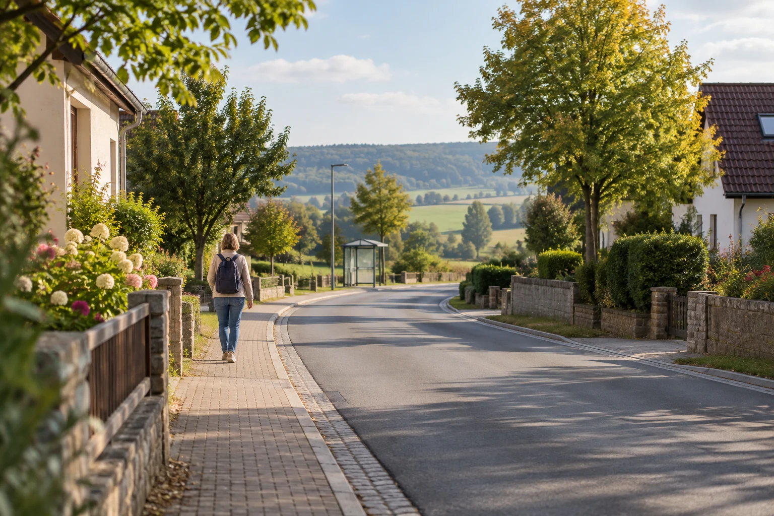 Generiertes Motiv: Fußgänger an einer ländlichen Straße mit Wohnhaus
