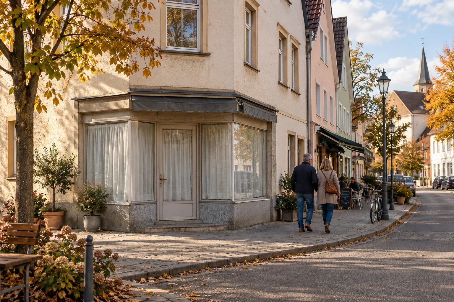 Generiertes Motiv: bewohnte Kleinstadtstraße mit einem geschlossenen Laden und einem Café