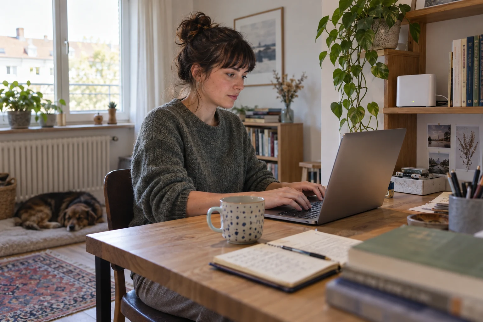 Generiertes Motiv: Erwachsene Person arbeitet am Laptop in einem häuslichen Arbeitszimmer