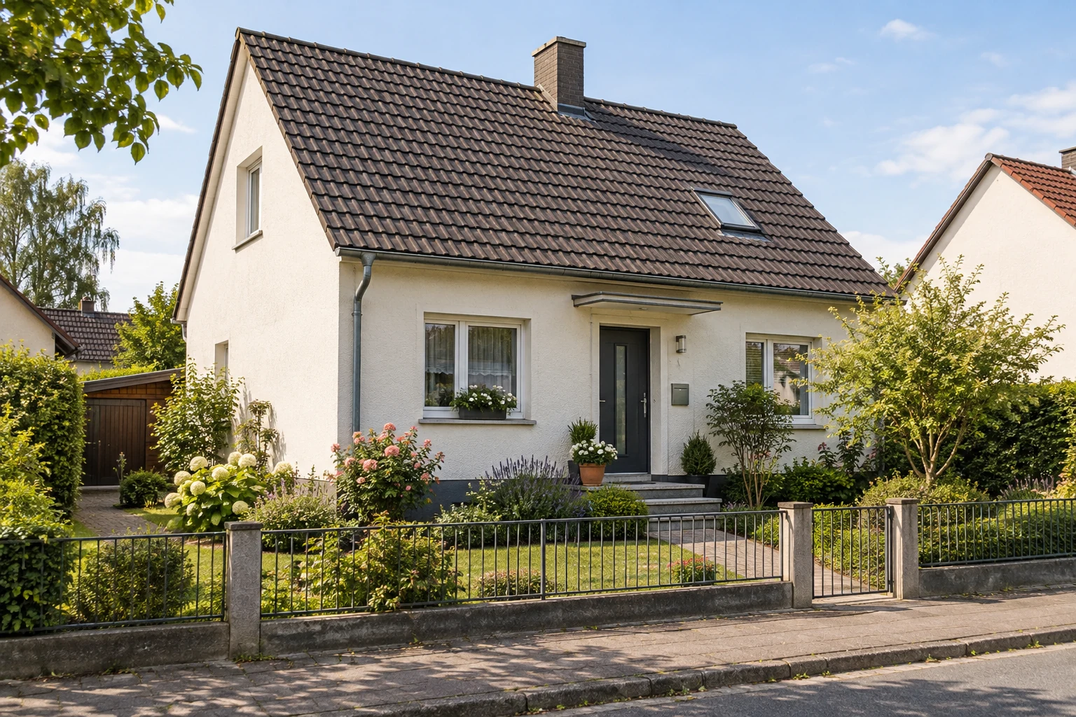 Generiertes Motiv: Erwachsene vor einem Wohnhaus mit Garten und Wohnungsschlüssel