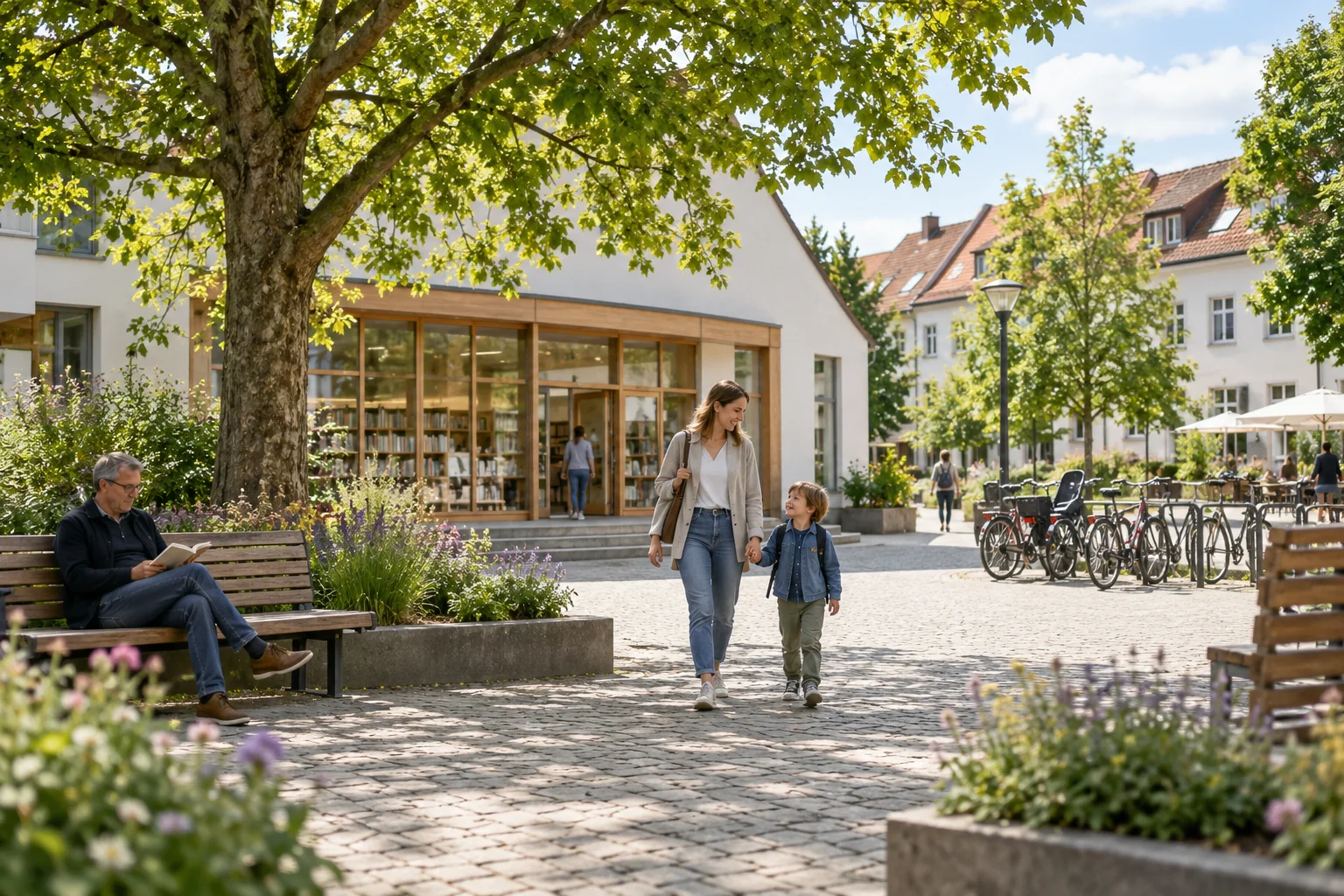 Generiertes Motiv: öffentlicher Platz mit Gemeindeeinrichtungen, Bänken und Bewohnern