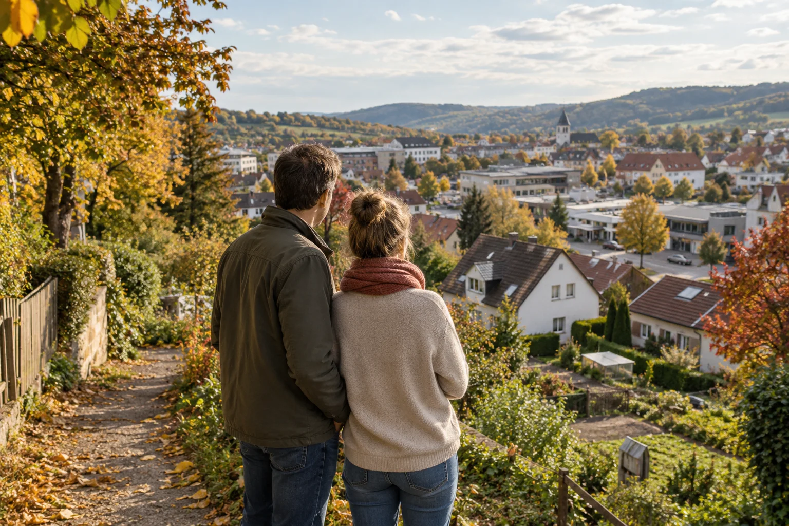 Generiertes Motiv: Paar mit Blick auf ein Wohnviertel und Gärten