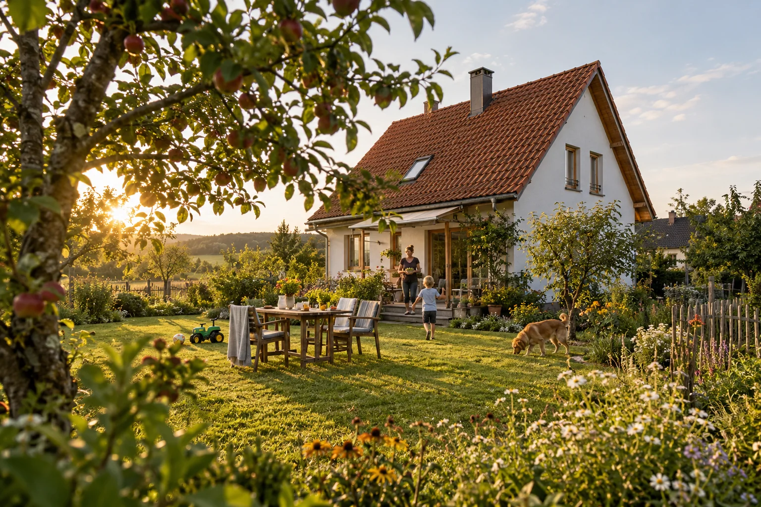 Generiertes Motiv: Haus mit großzügigem Garten und Obstbaum