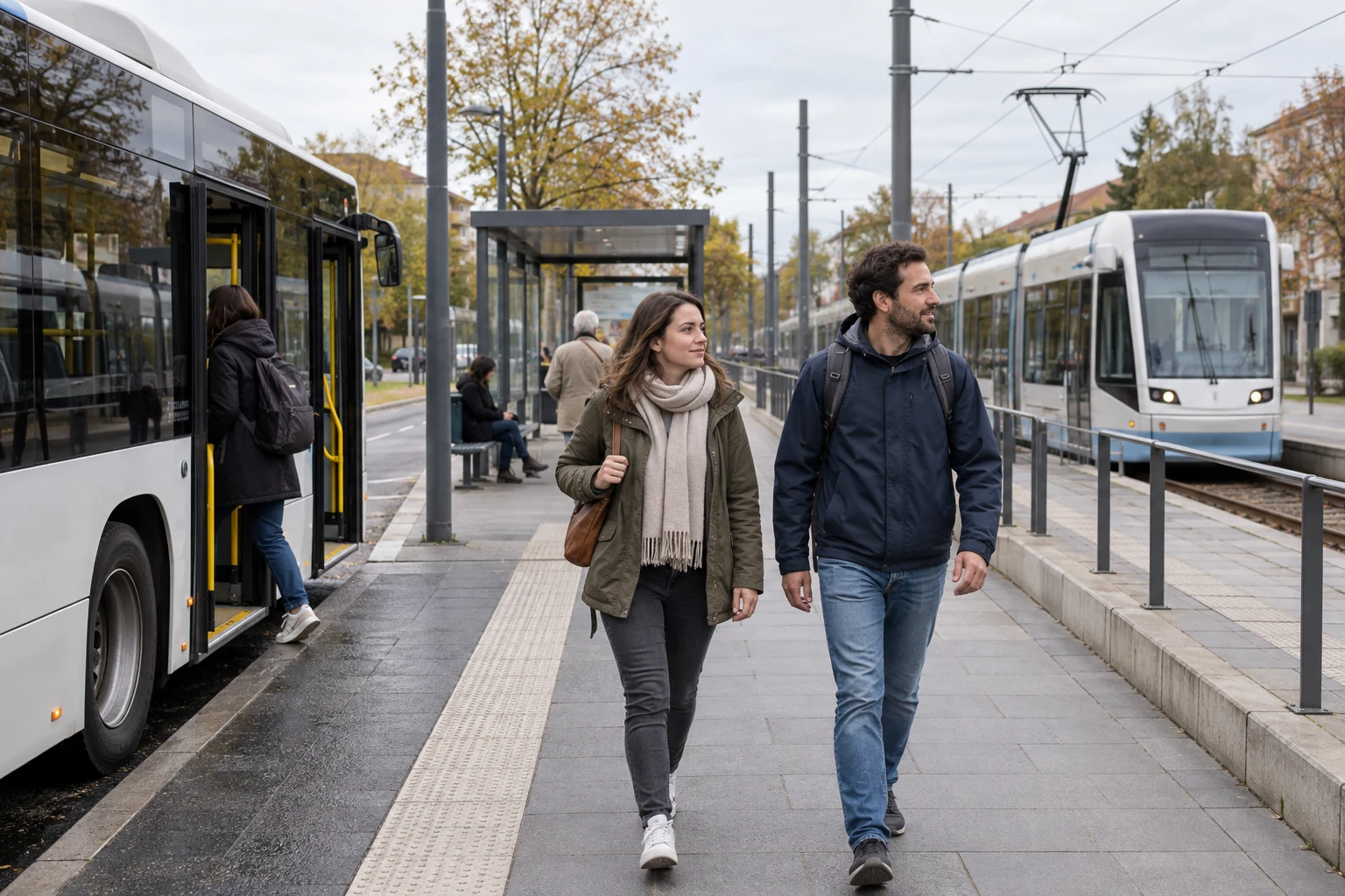 Generiertes Motiv: Erwachsene warten an einer Bushaltestelle im Wohnviertel