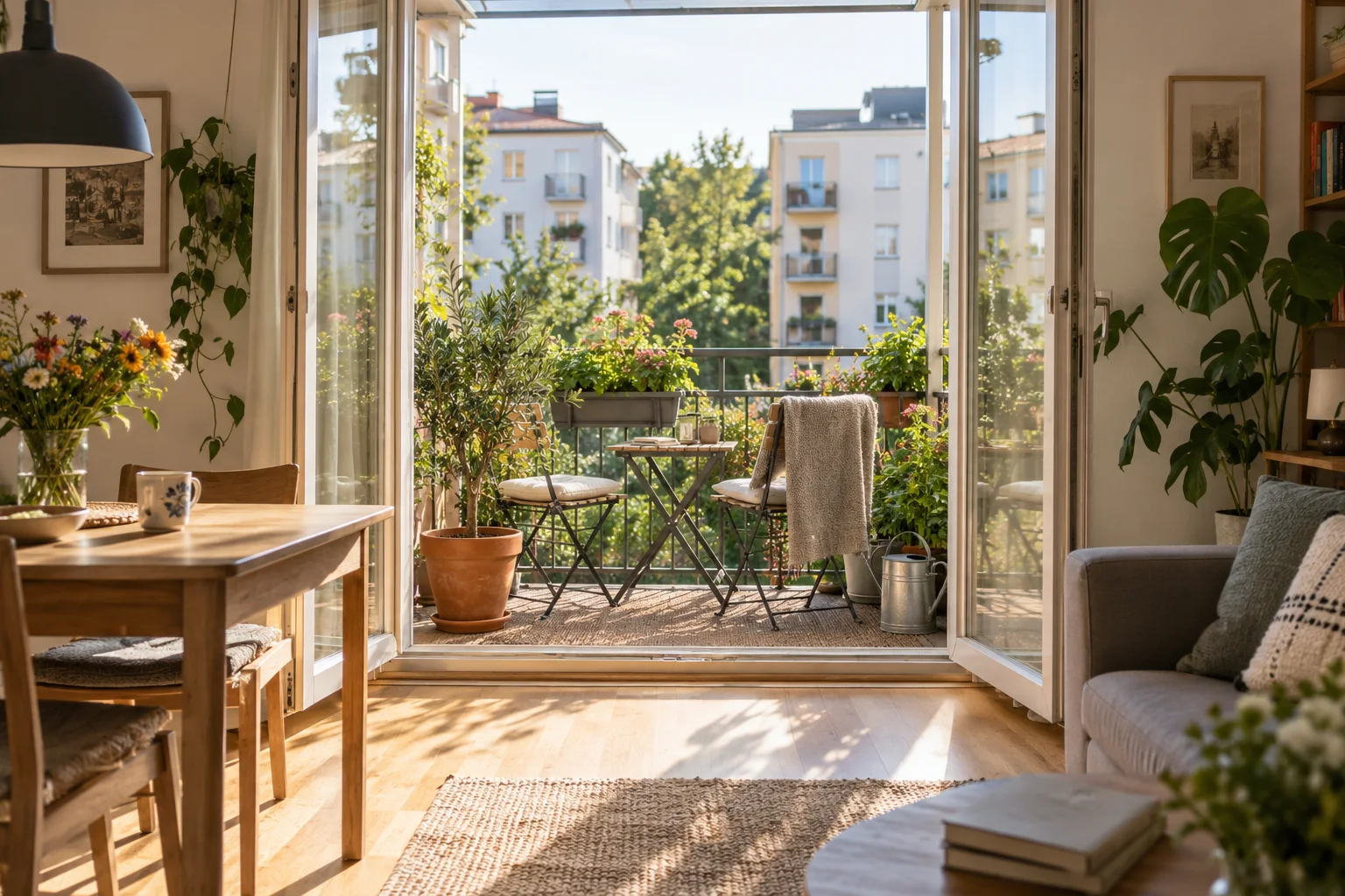 Generiertes Motiv: heller Wohnraum mit Blick auf einen bepflanzten Balkon und benachbarte Mehrfamilienhäuser