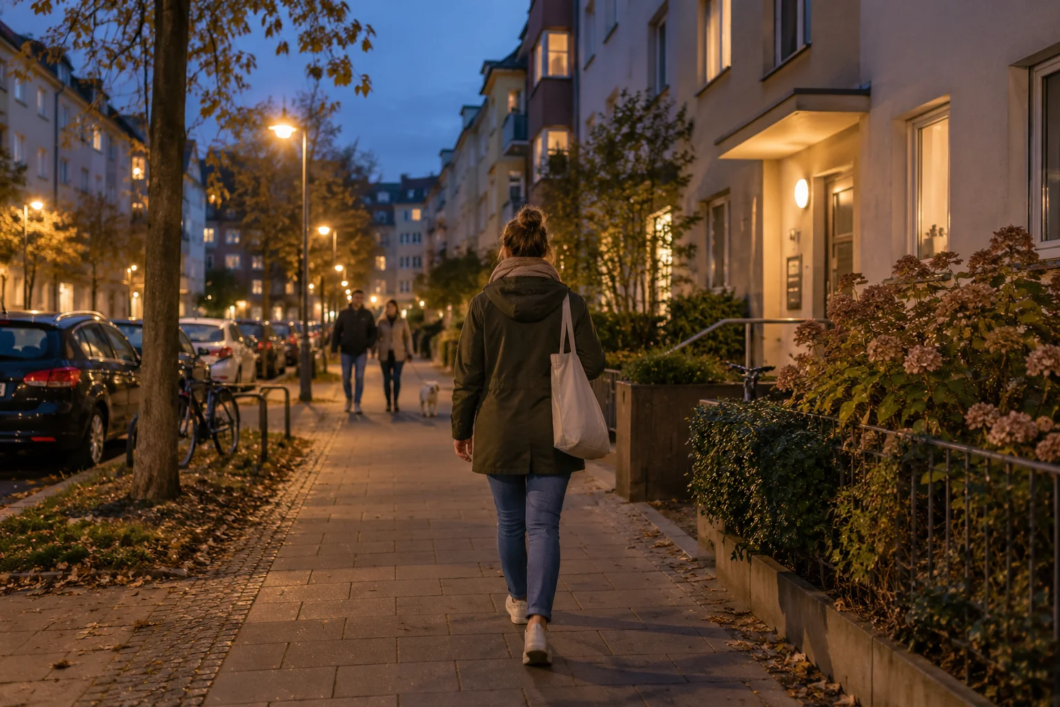 Generiertes Motiv: Heimweg auf einem beleuchteten Gehweg in einem Wohnviertel am Abend