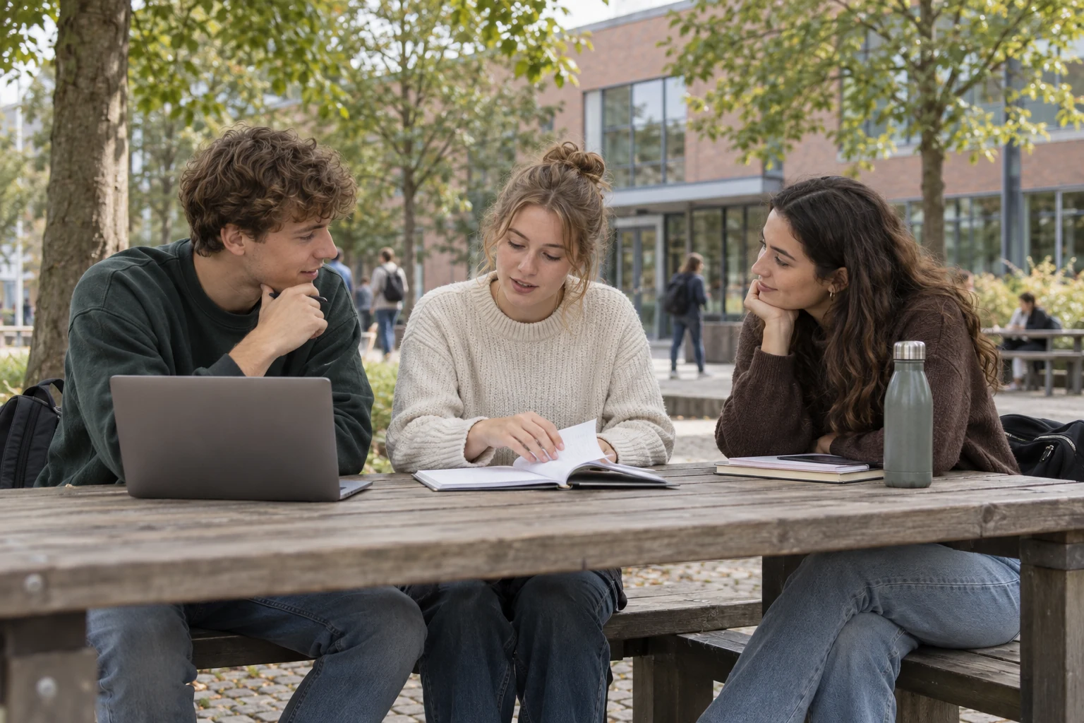 Generiertes Motiv: Studierende mit Büchern auf einem Hochschulvorplatz
