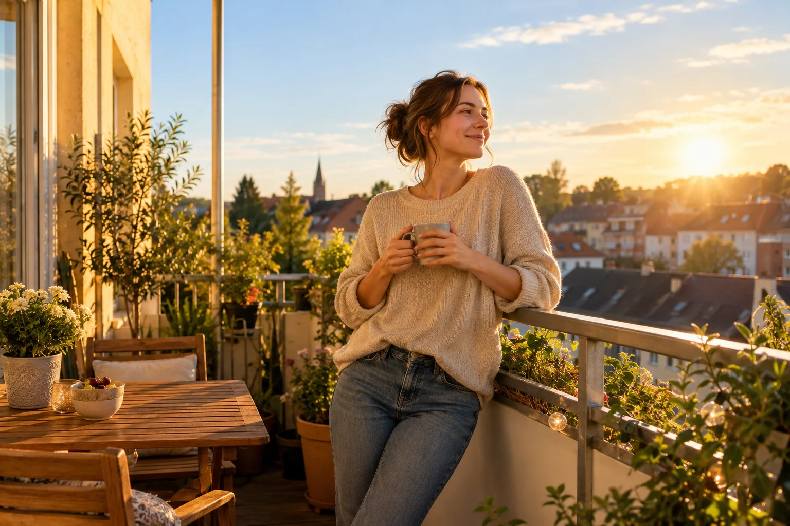Generiertes Motiv: Frau mit einer Tasse auf einem sonnigen Balkon im Abendlicht