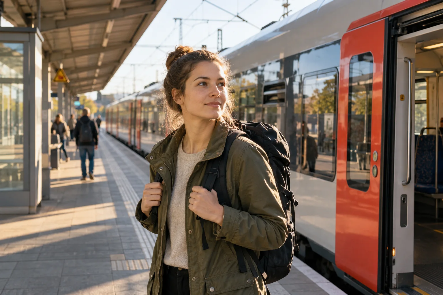 Generiertes Motiv: Reisender auf einem Bahnsteig neben einem Regionalzug