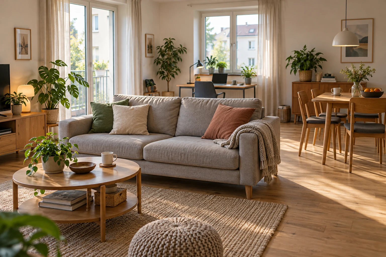 Generiertes Motiv: Helles Wohnzimmer mit Platz zum Arbeiten und Wohnen