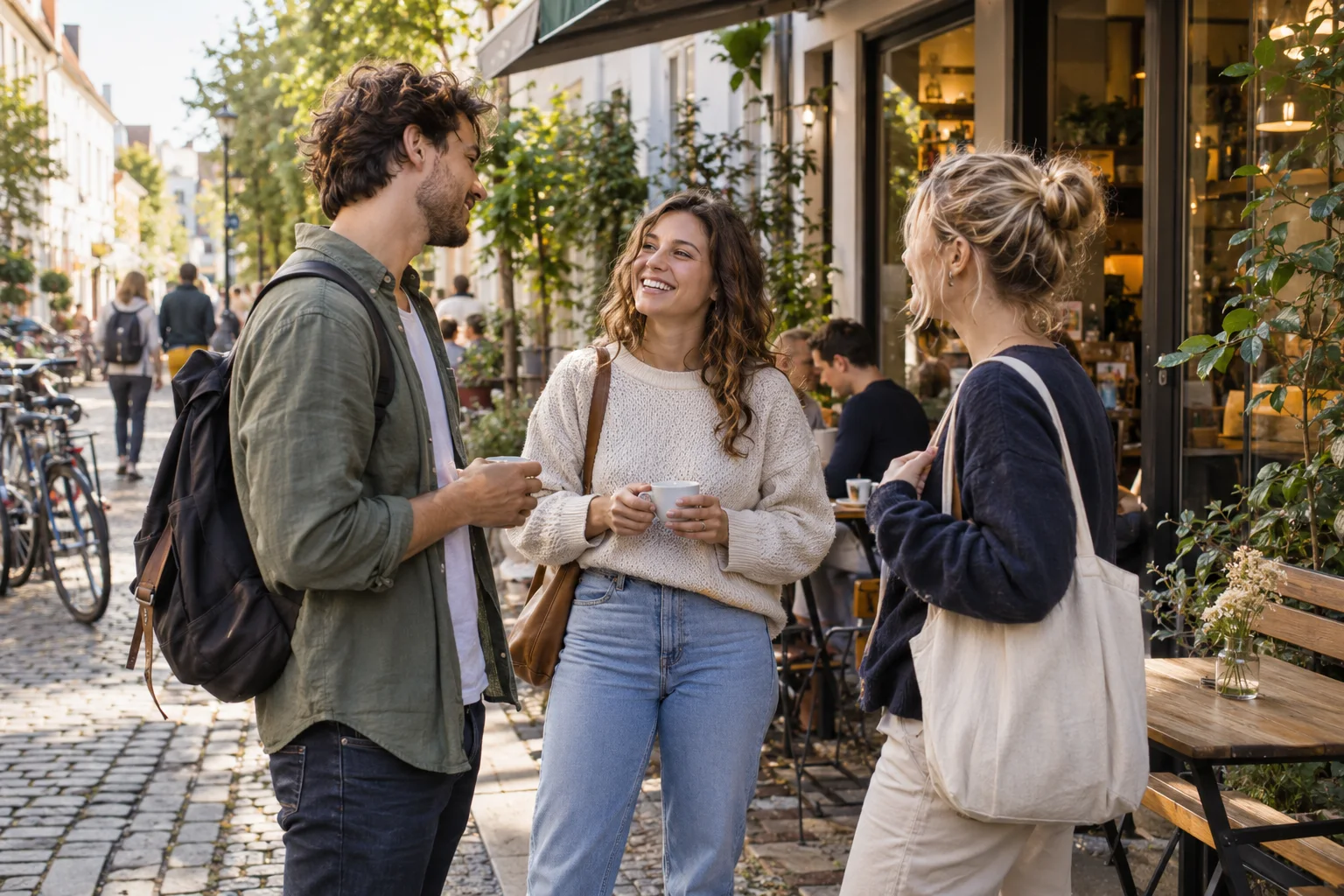 Generiertes Motiv: junge Erwachsene im Gespräch vor einem Nachbarschaftscafé