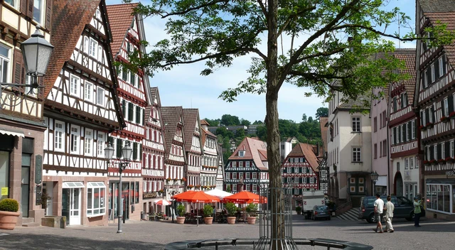 Heller Marktplatz in Calw mit Fachwerkhäusern, Baum und Sitzplätzen