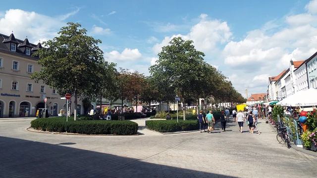Maximilianplatz mit Bäumen und historischen Häusern in Tirschenreuth